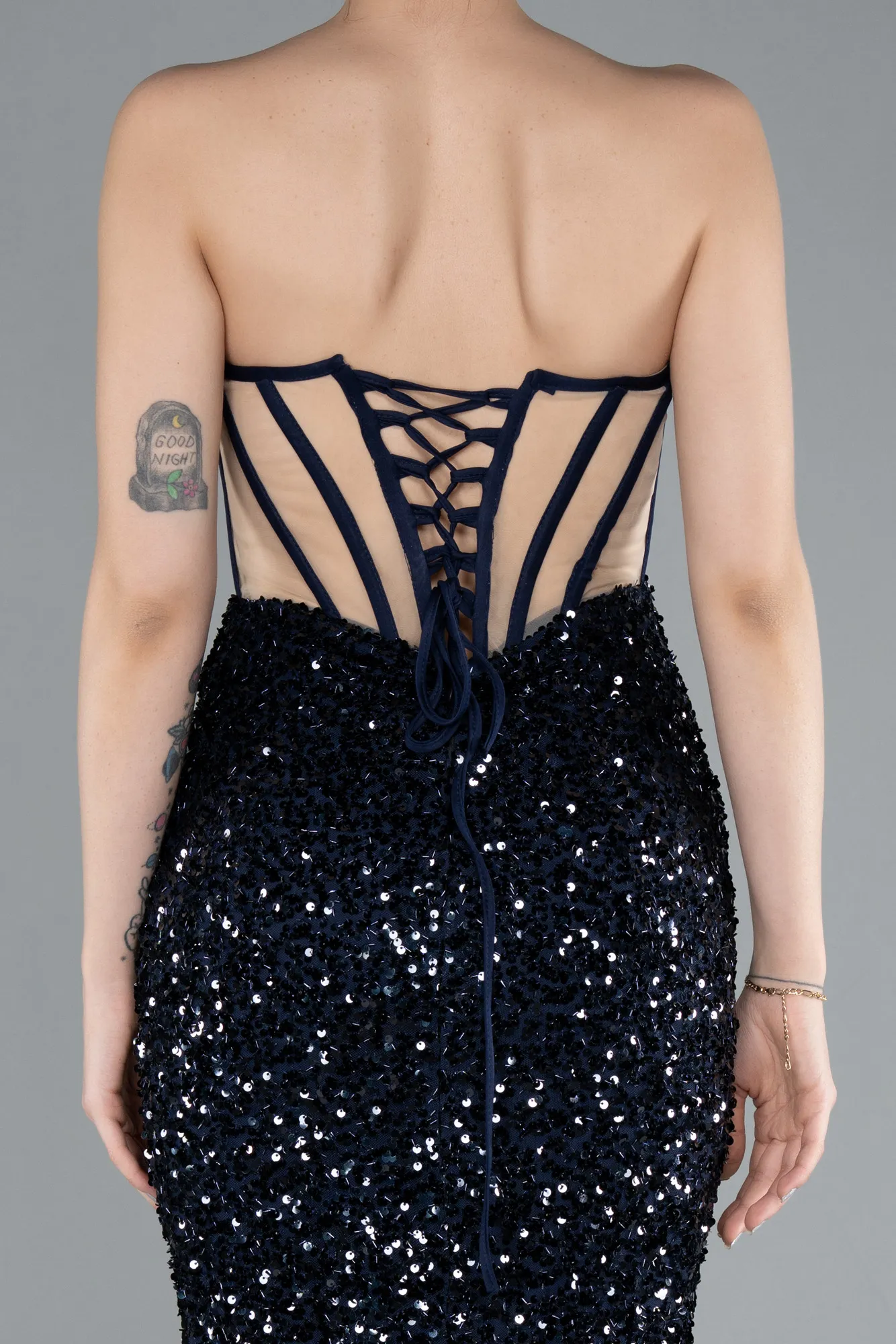 Navy Blue-Strapless Slit Long Scaly Mermaid Prom Dress ABU4790