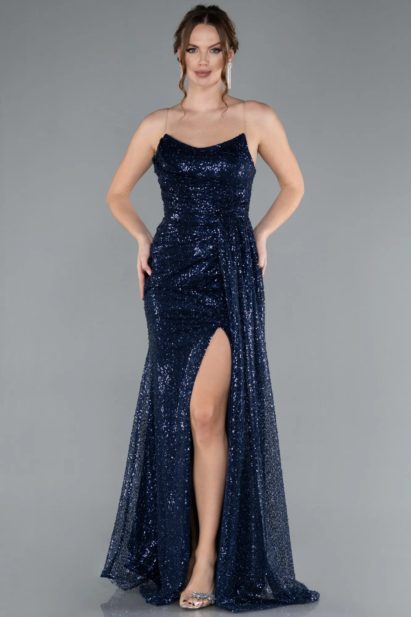 Navy Blue-Strapless Slit Long Sequined Evening Gown ABU4776