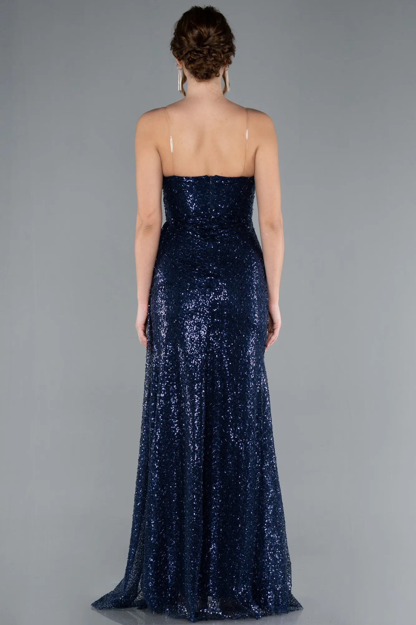 Navy Blue-Strapless Slit Long Sequined Evening Gown ABU4776
