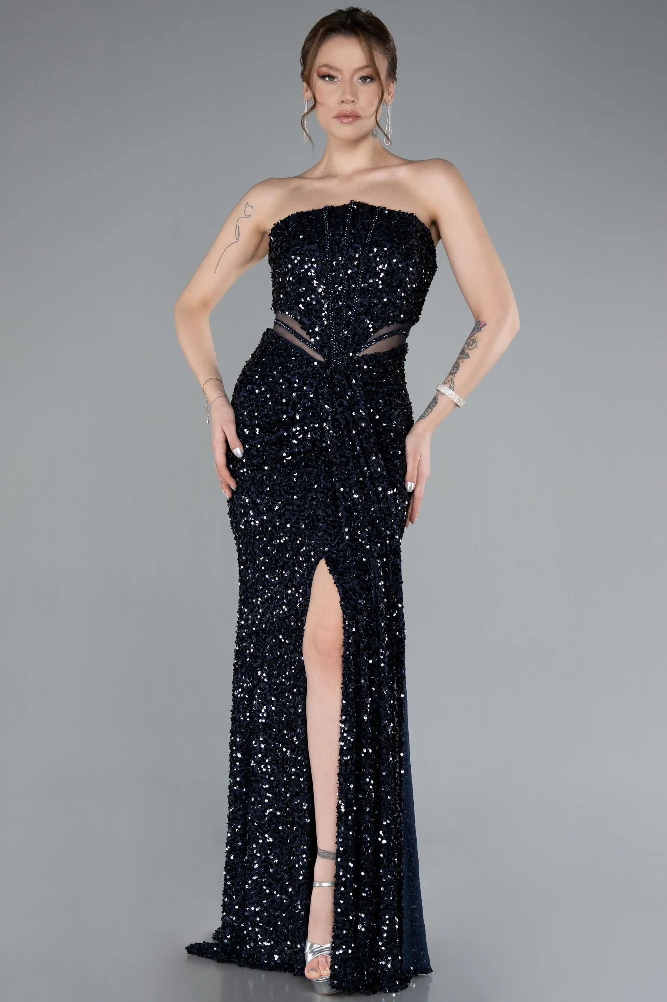 Navy Blue-Strapless Slit Long Sequined Special Design Evening Gown ABU4799