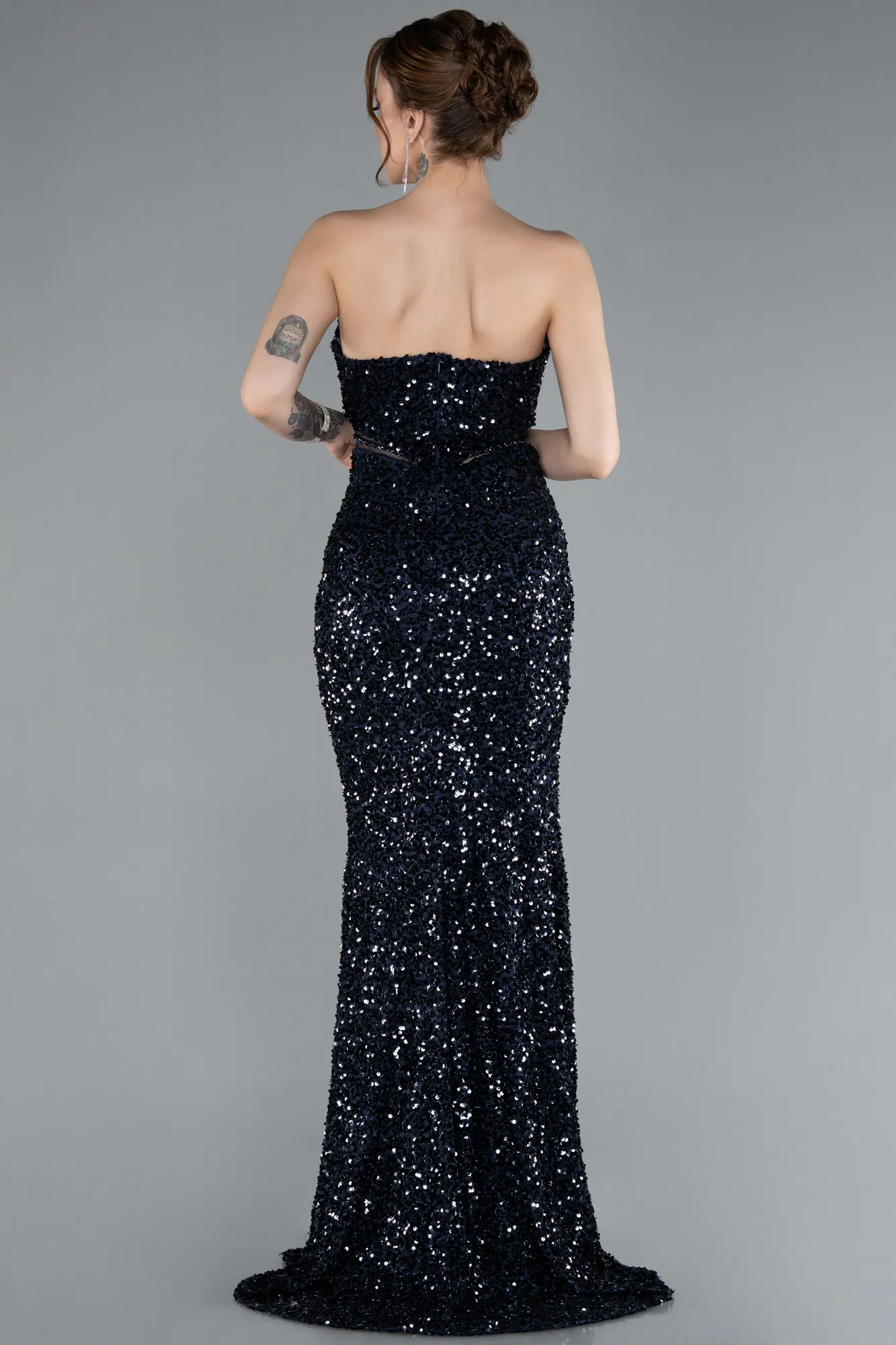 Navy Blue-Strapless Slit Long Sequined Special Design Evening Gown ABU4799