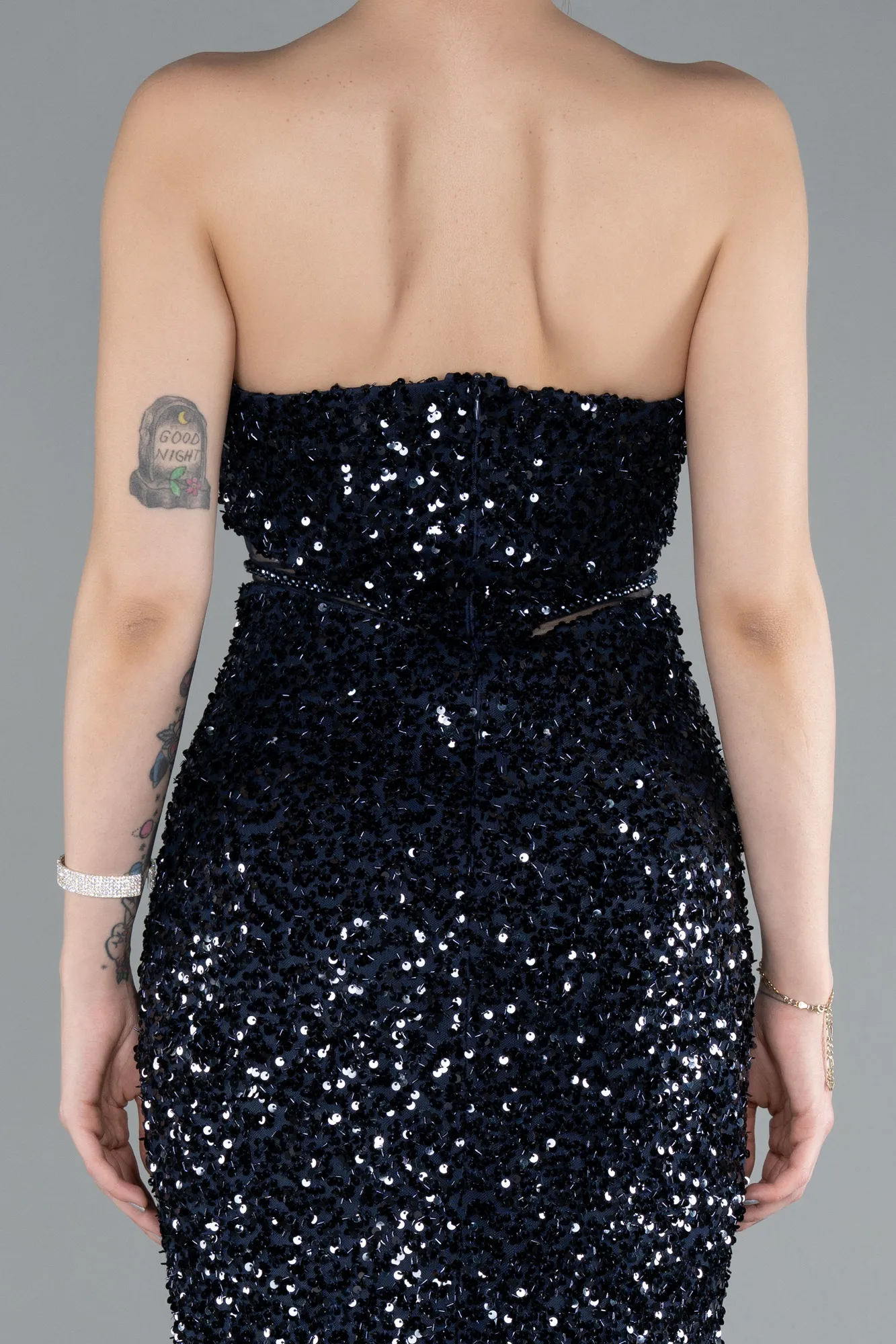 Navy Blue-Strapless Slit Long Sequined Special Design Evening Gown ABU4799