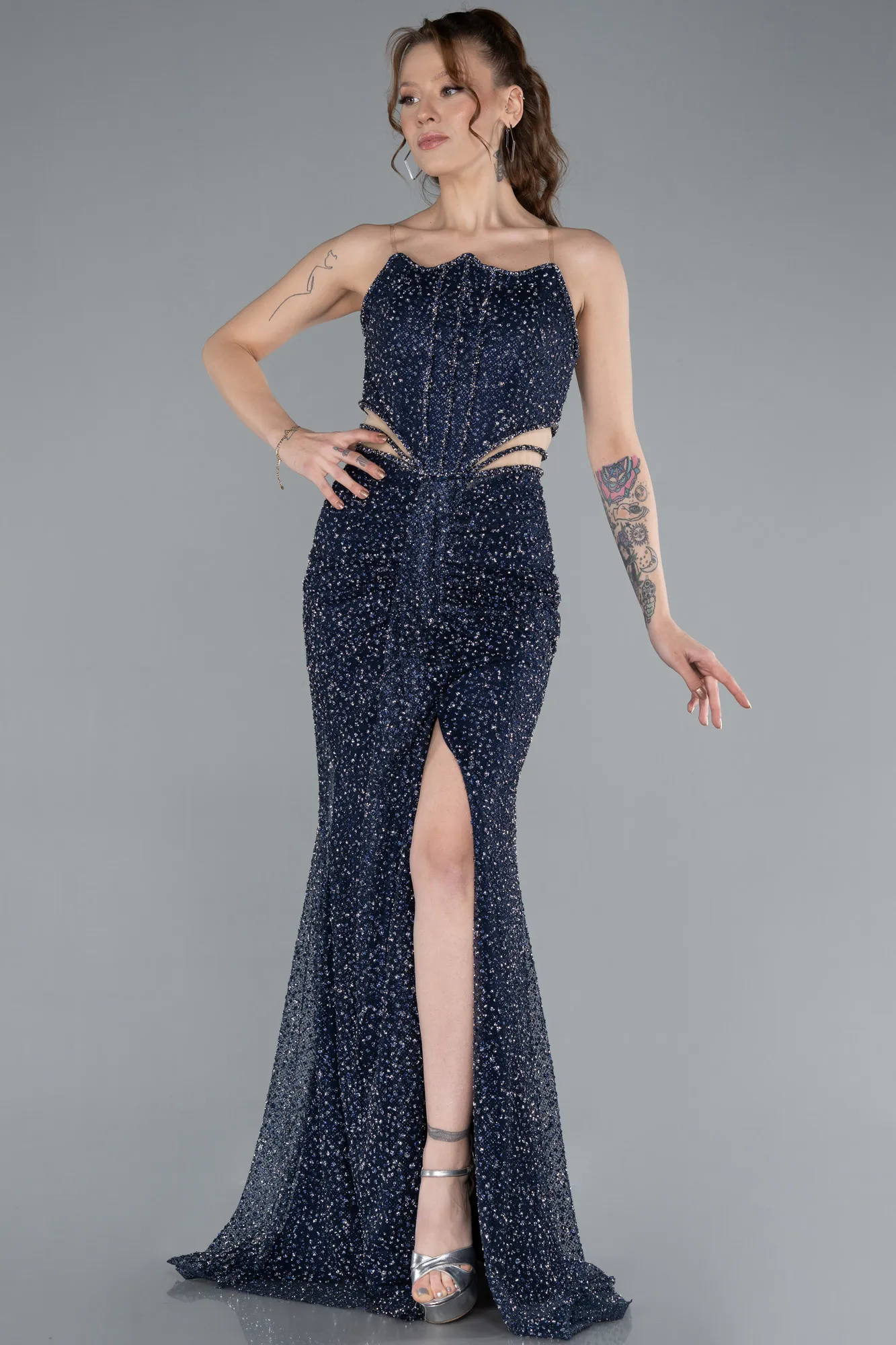 Navy Blue-Strapless Slit Long Stone Special Design Evening Gown ABU4704