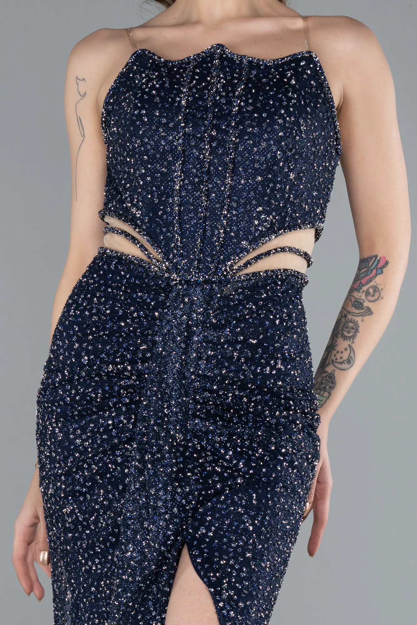 Navy Blue-Strapless Slit Long Stone Special Design Evening Gown ABU4704