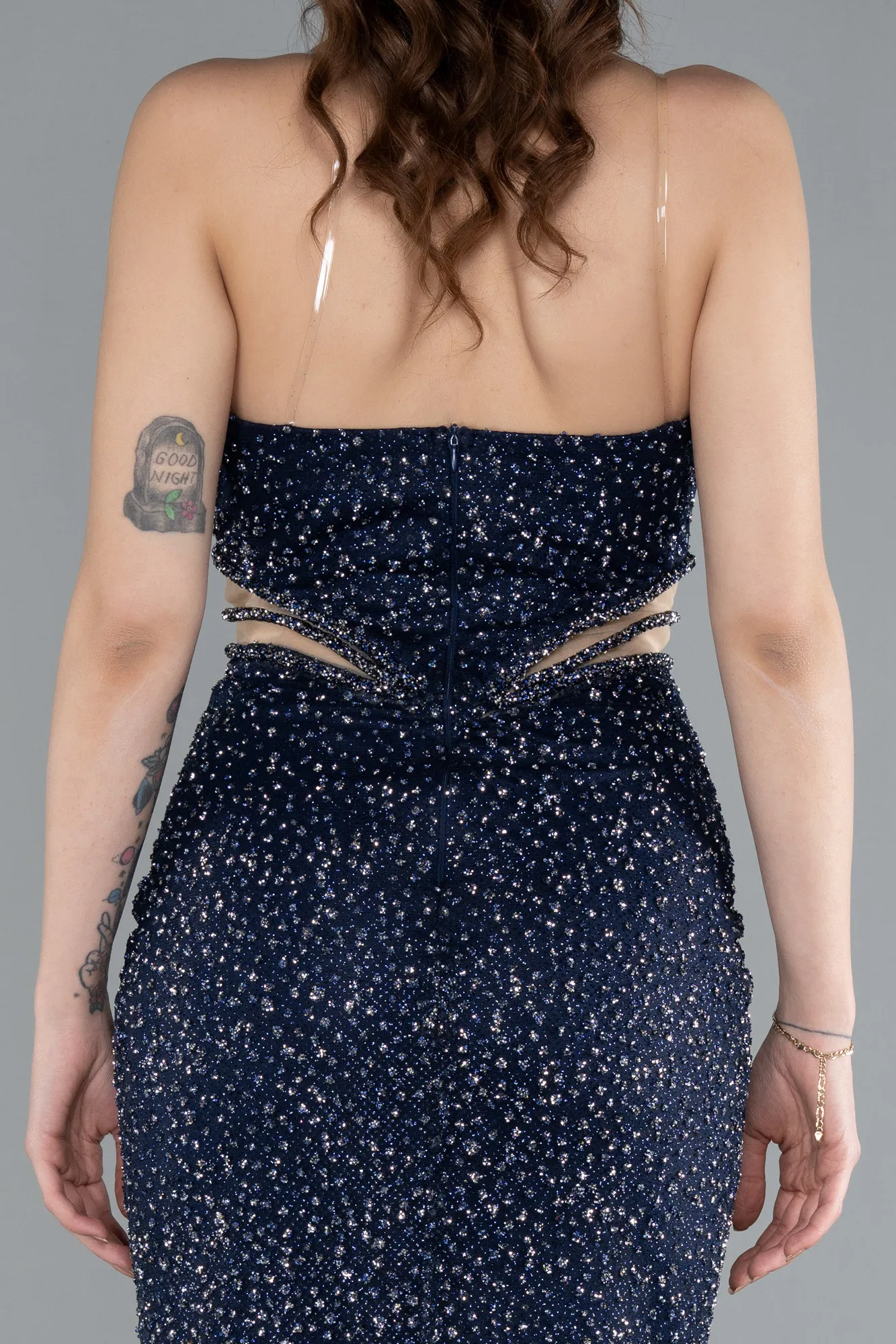 Navy Blue-Strapless Slit Long Stone Special Design Evening Gown ABU4704