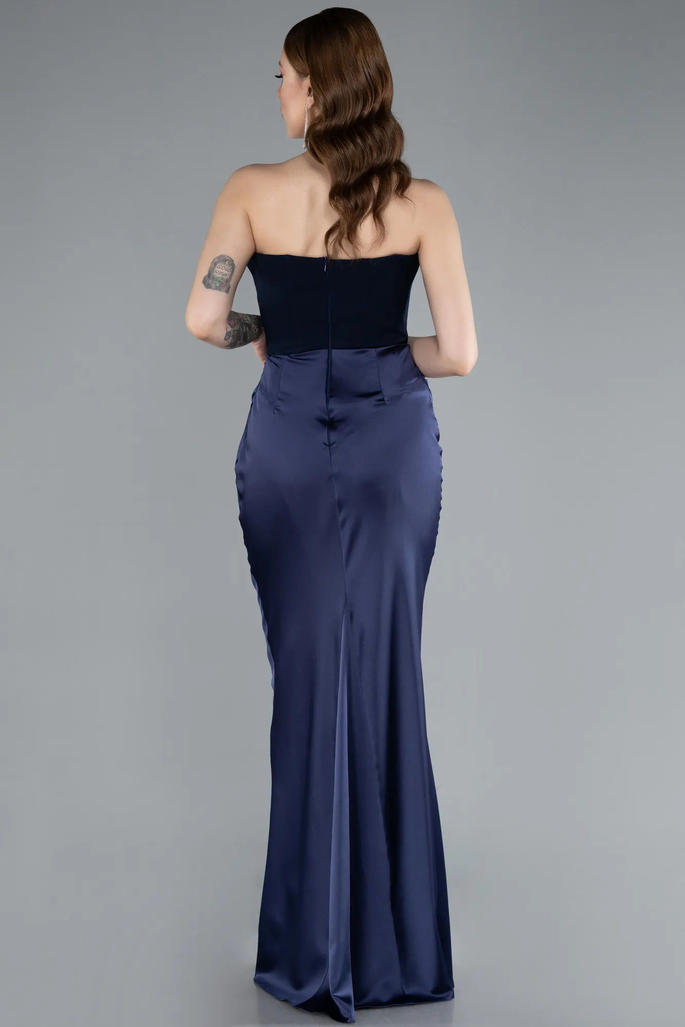 Navy Blue-Strapless Underwire Long Satin Mermaid Evening Gown ABU4867