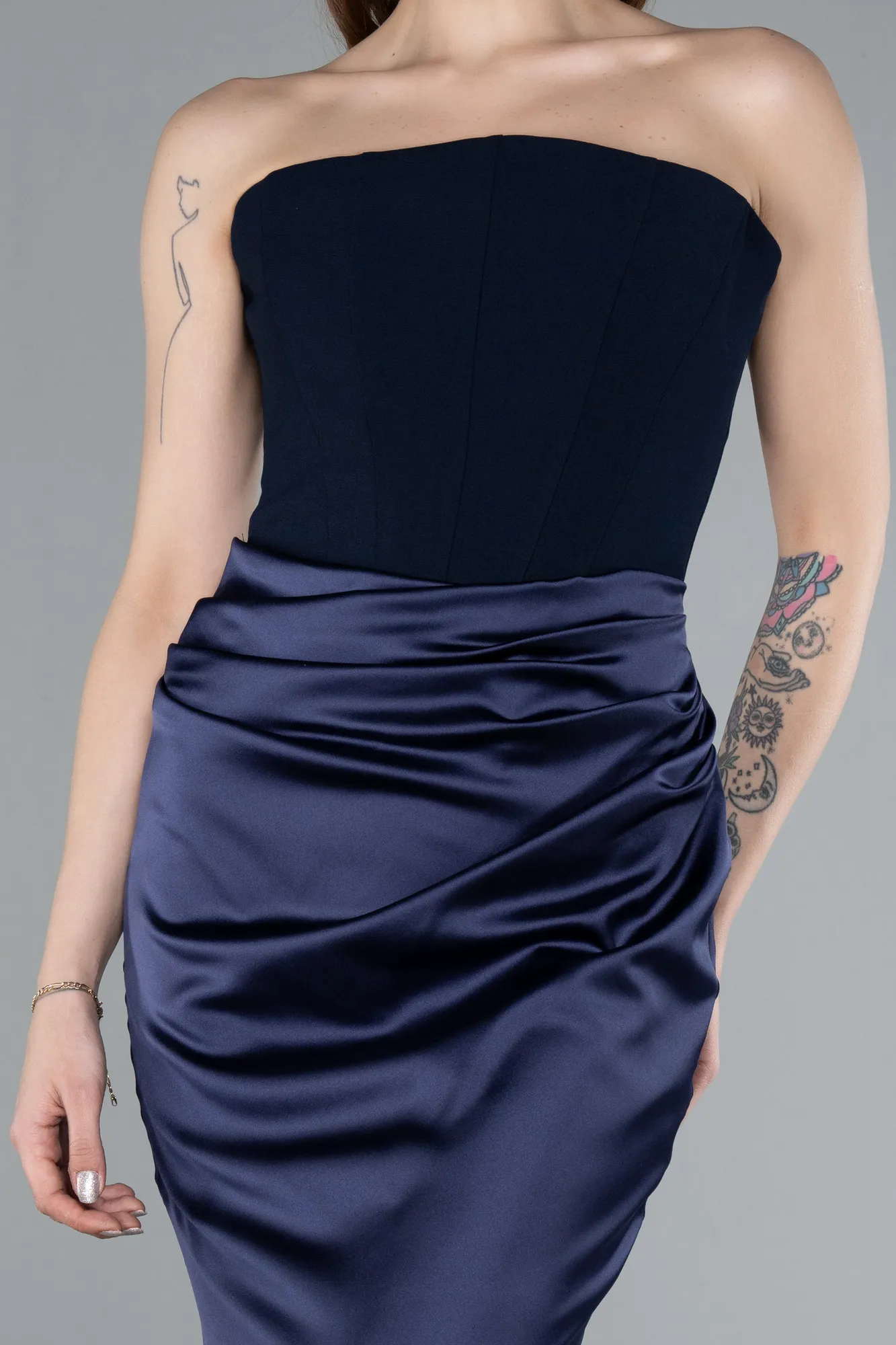 Navy Blue-Strapless Underwire Long Satin Mermaid Evening Gown ABU4867