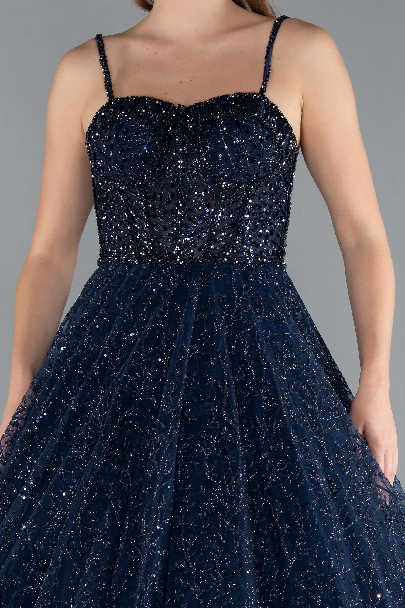 Navy Blue-Strappy Glitter Long Ball Gown ABU3839