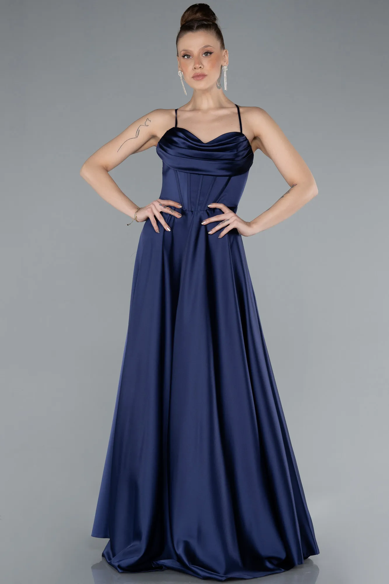 Navy Blue-Strappy Long Satin Prom Dress ABU4684