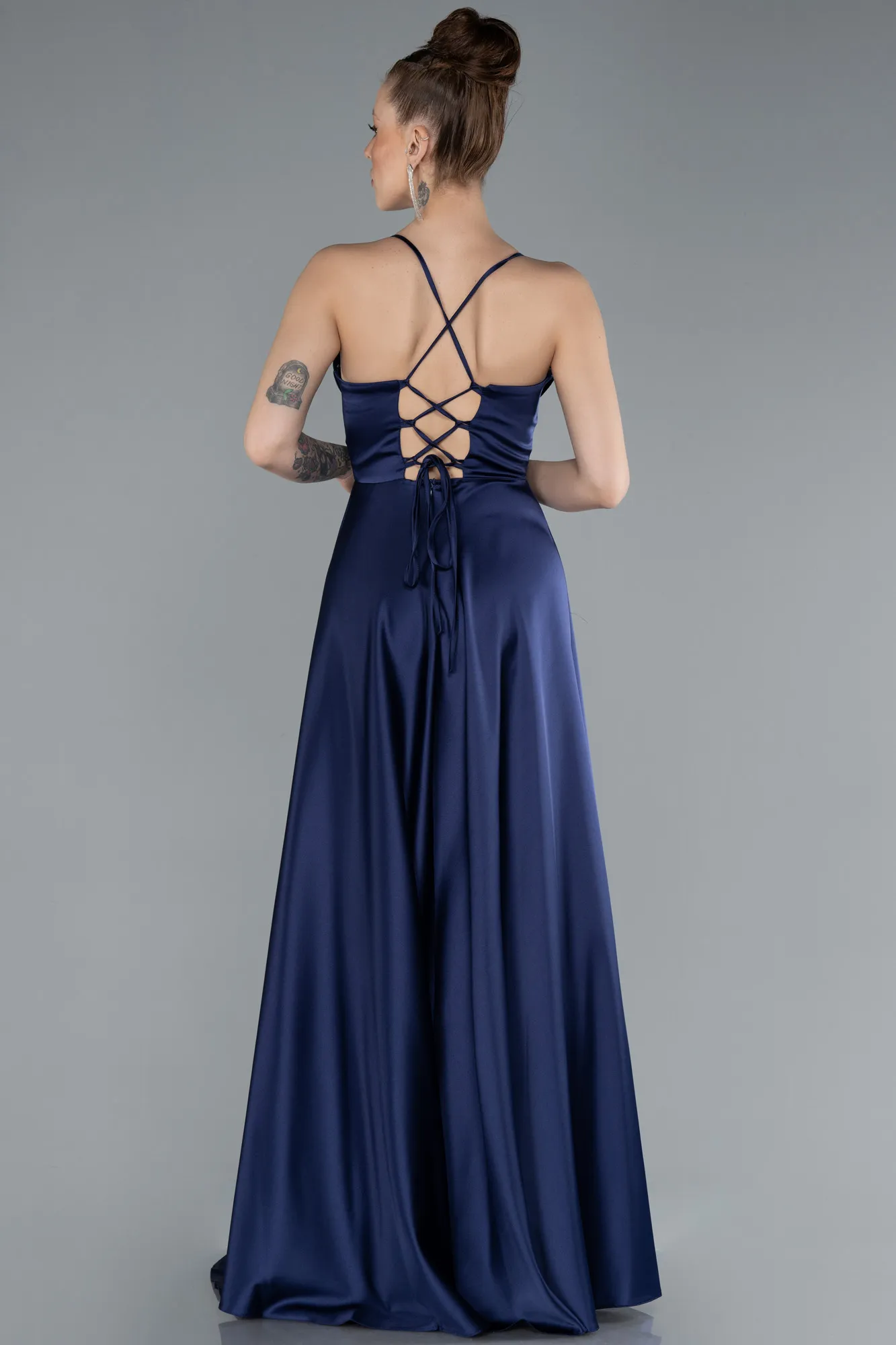 Navy Blue-Strappy Long Satin Prom Dress ABU4684