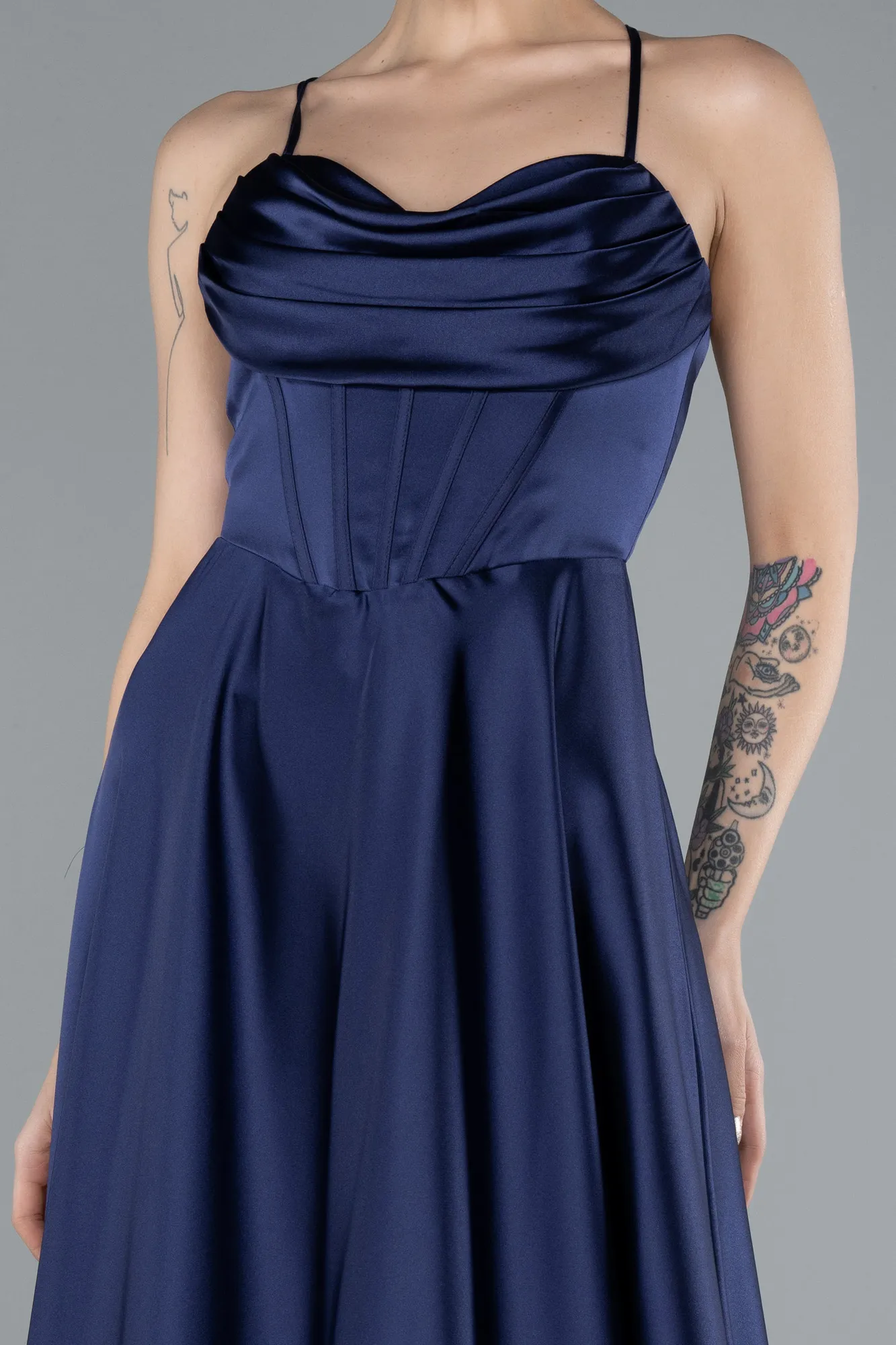 Navy Blue-Strappy Long Satin Prom Dress ABU4684