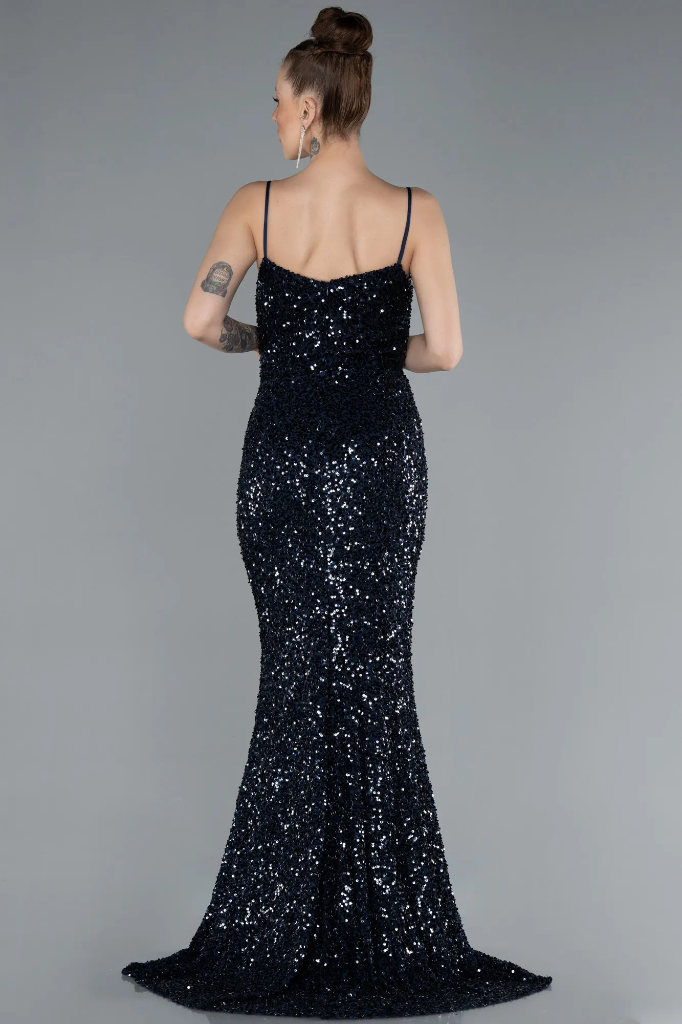 Navy Blue-Strappy Sequin Slit Evening Gown ABU4681