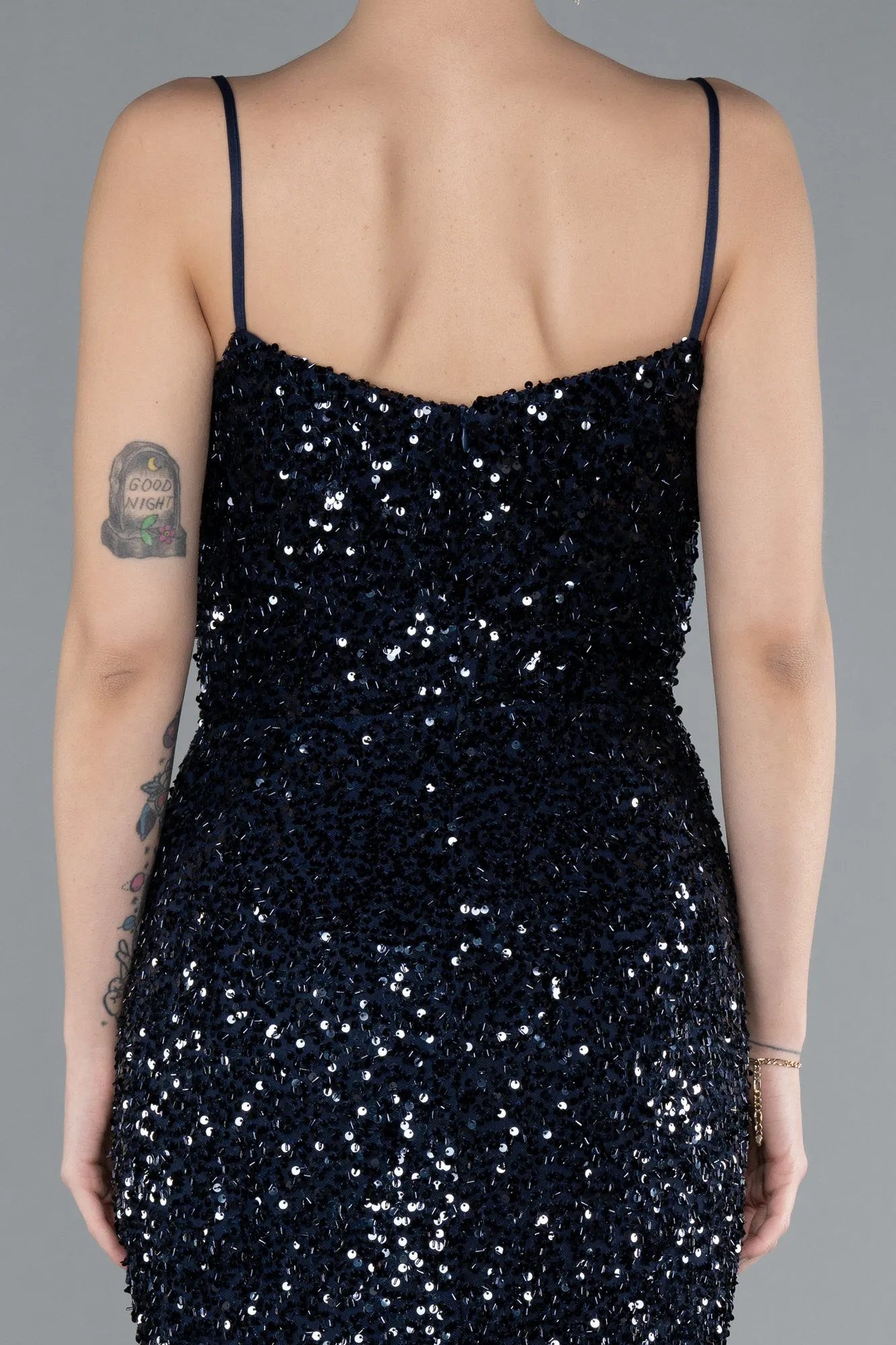 Navy Blue-Strappy Sequin Slit Evening Gown ABU4681