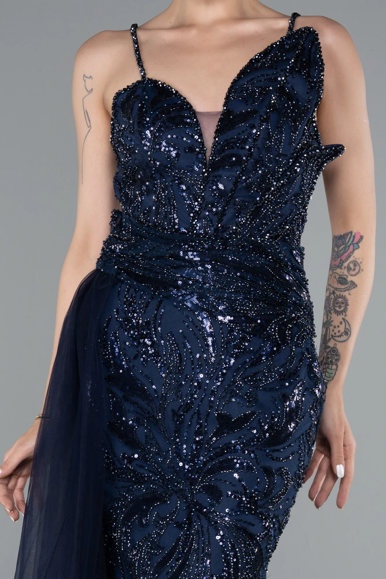 Navy Blue-Strappy Tail Long Beaded Special Design Evening Dress ABU5003