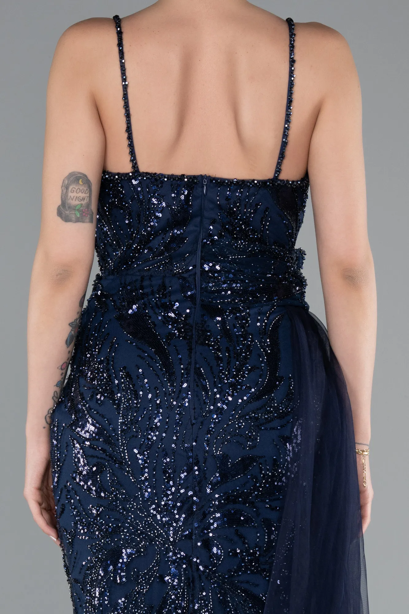 Navy Blue-Strappy Tail Long Beaded Special Design Evening Dress ABU5003
