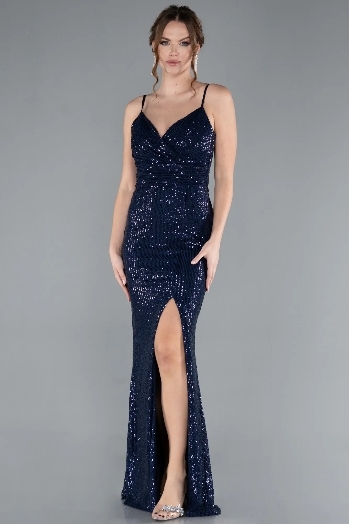 Navy Blue-Straps Slit Long Sequined Evening Prom Dress ABU4780