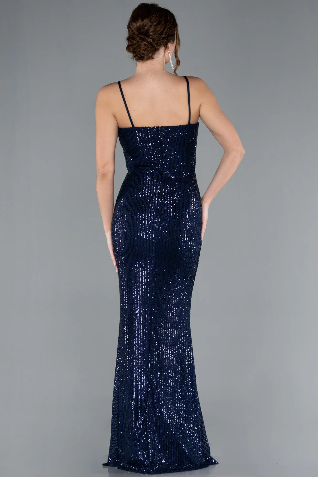 Navy Blue-Straps Slit Long Sequined Evening Prom Dress ABU4780