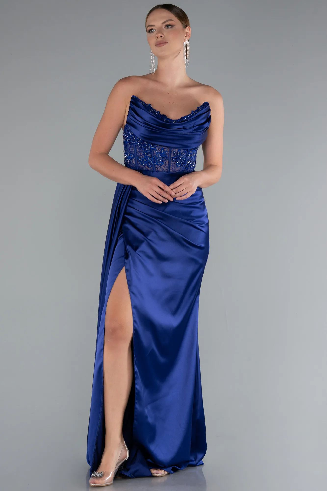 Navy Blue-Transparent Top Strapless Slit Long Satin Evening Gown ABU5526