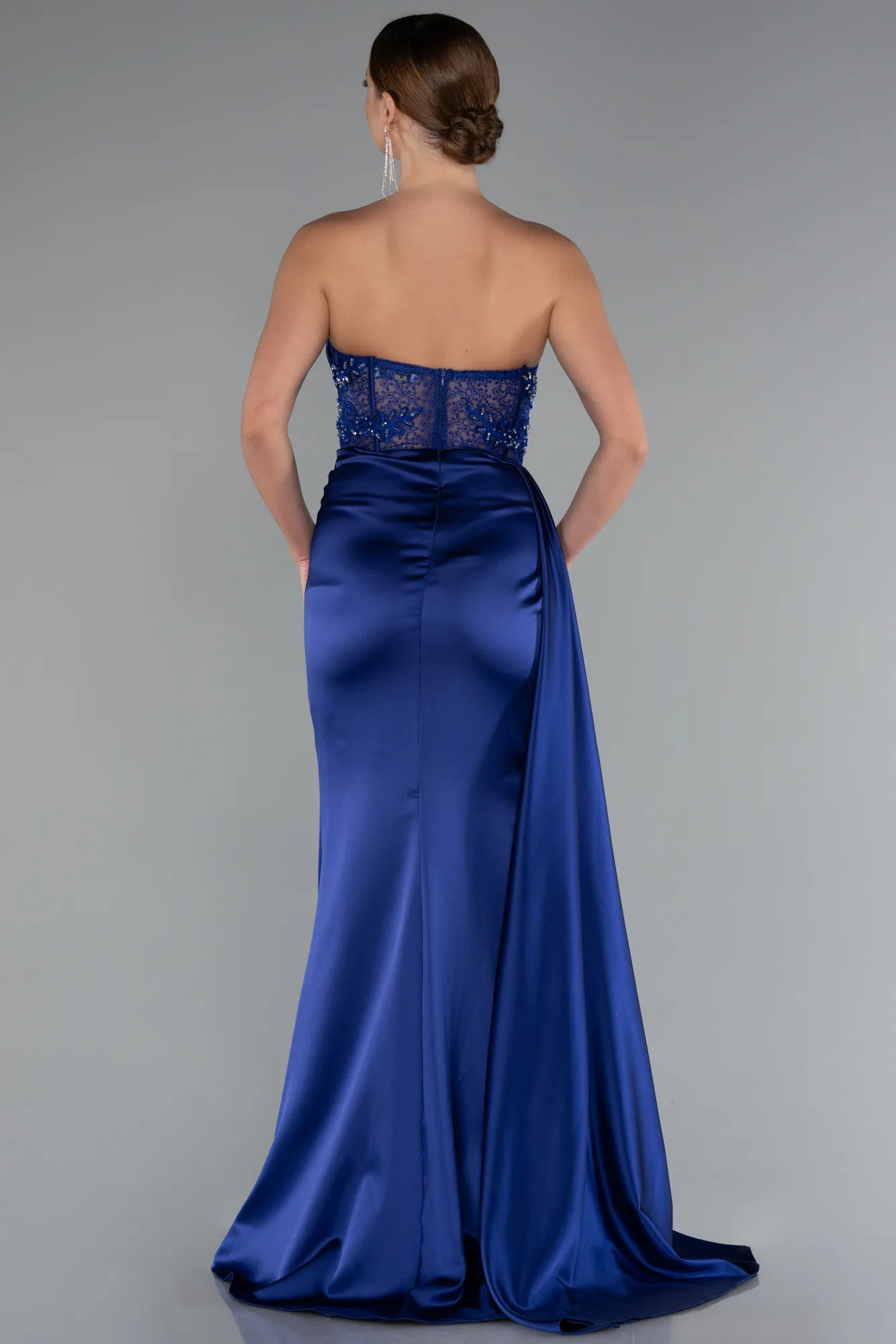 Navy Blue-Transparent Top Strapless Slit Long Satin Evening Gown ABU5526
