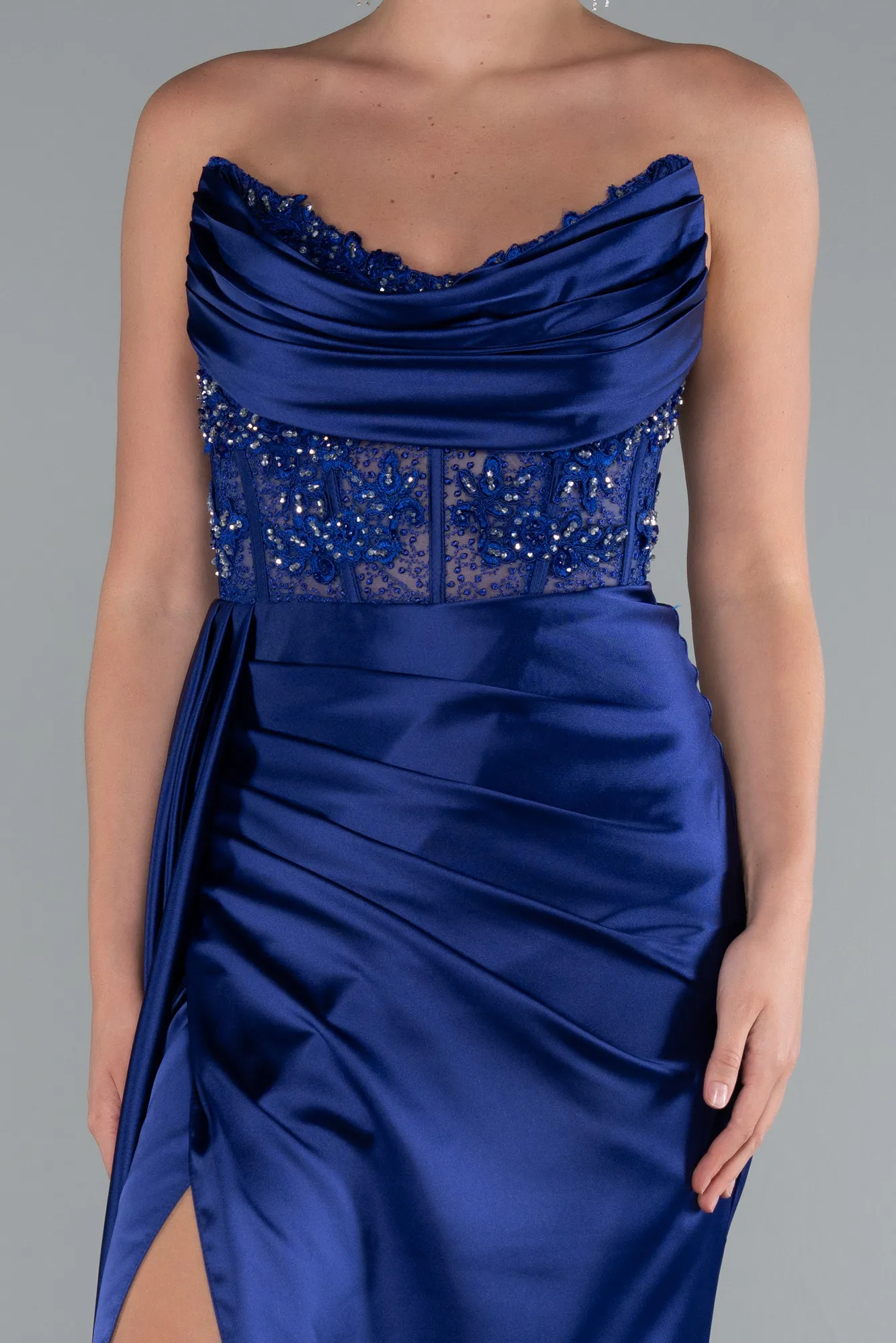 Navy Blue-Transparent Top Strapless Slit Long Satin Evening Gown ABU5526