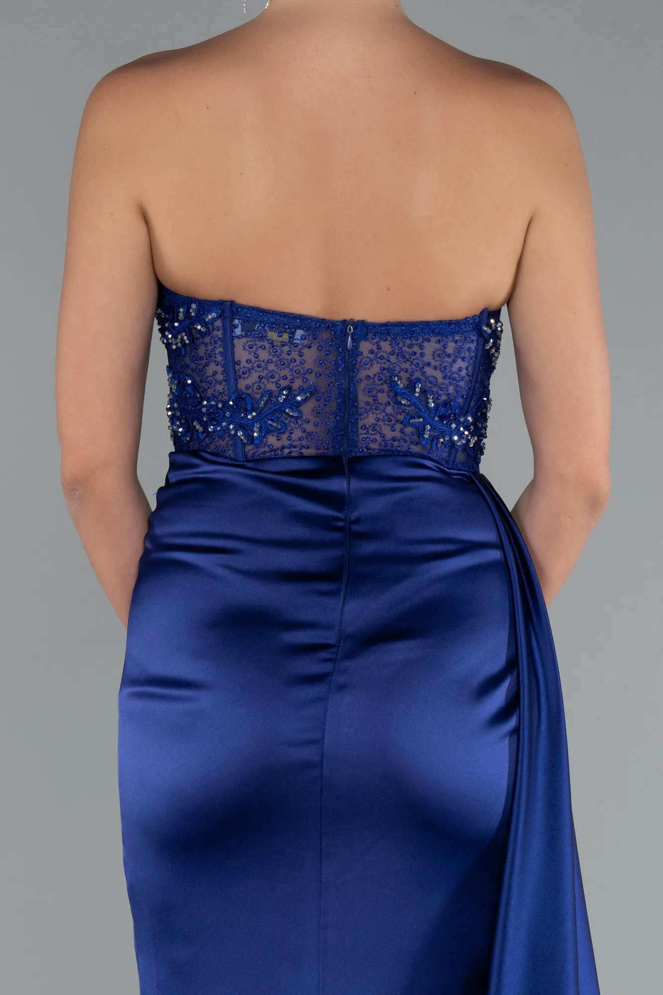 Navy Blue-Transparent Top Strapless Slit Long Satin Evening Gown ABU5526