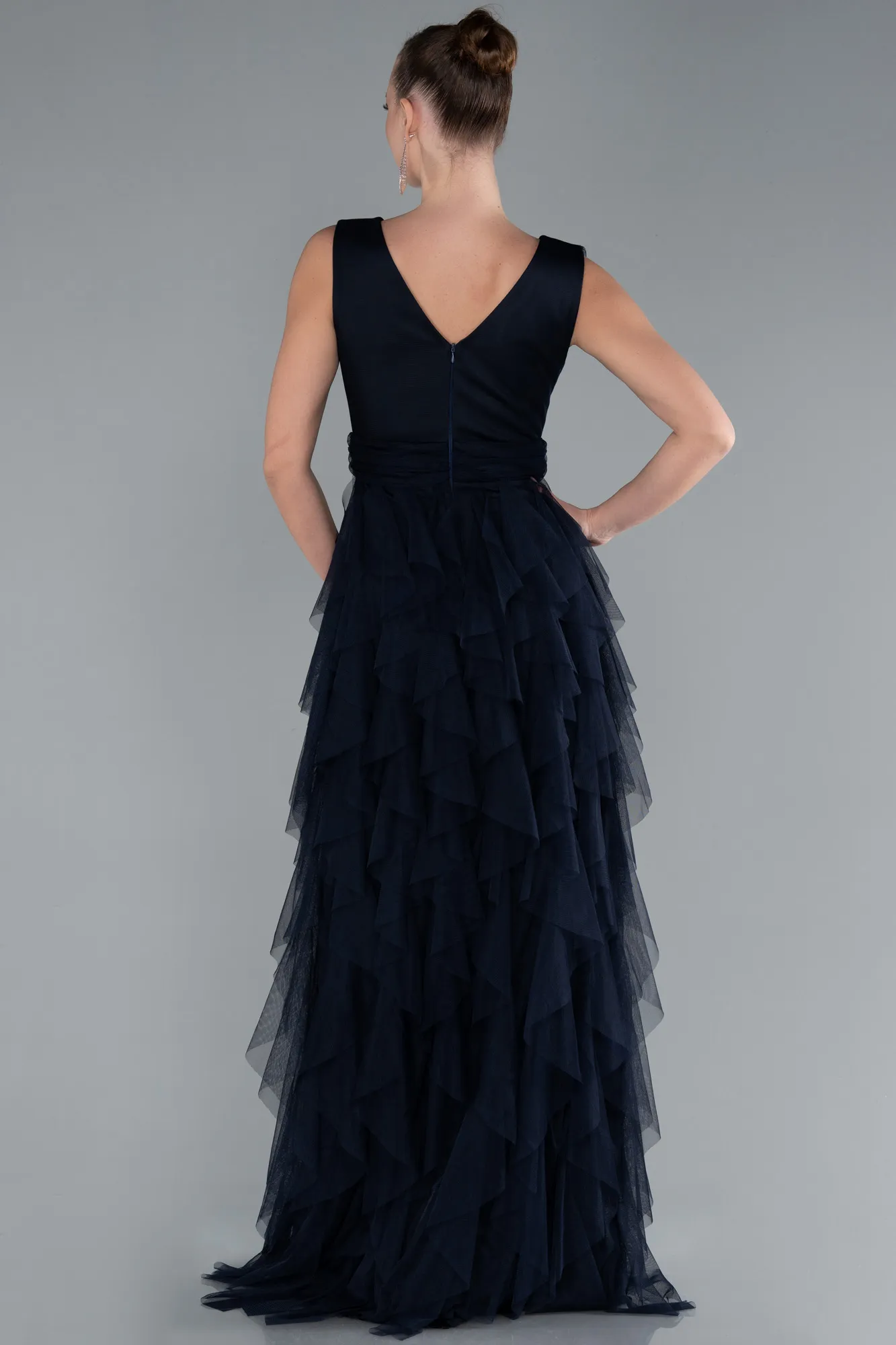 Navy Blue-V Neck Layered Tulle Long Prom Dress ABU4723