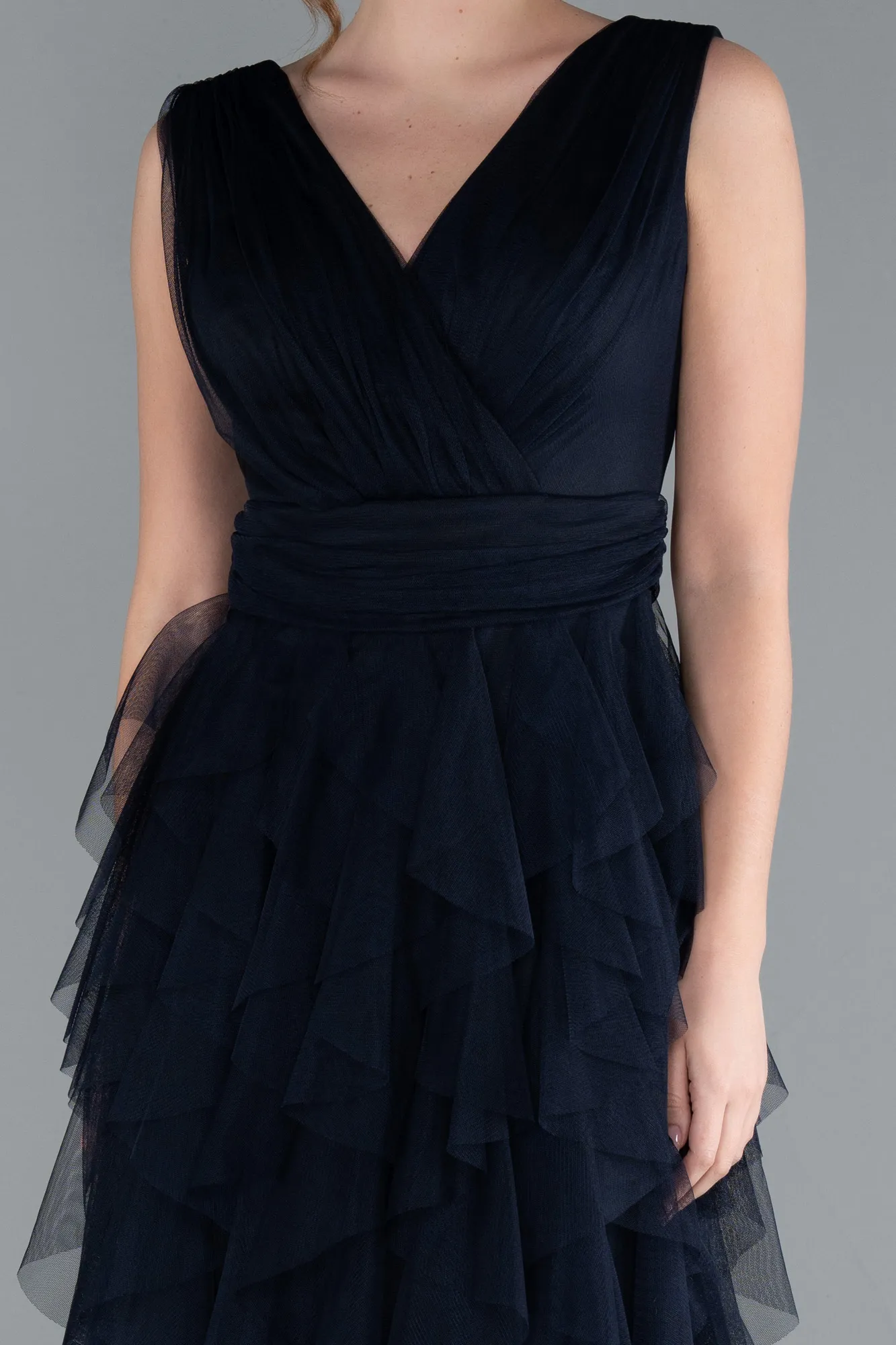 Navy Blue-V Neck Layered Tulle Long Prom Dress ABU4723