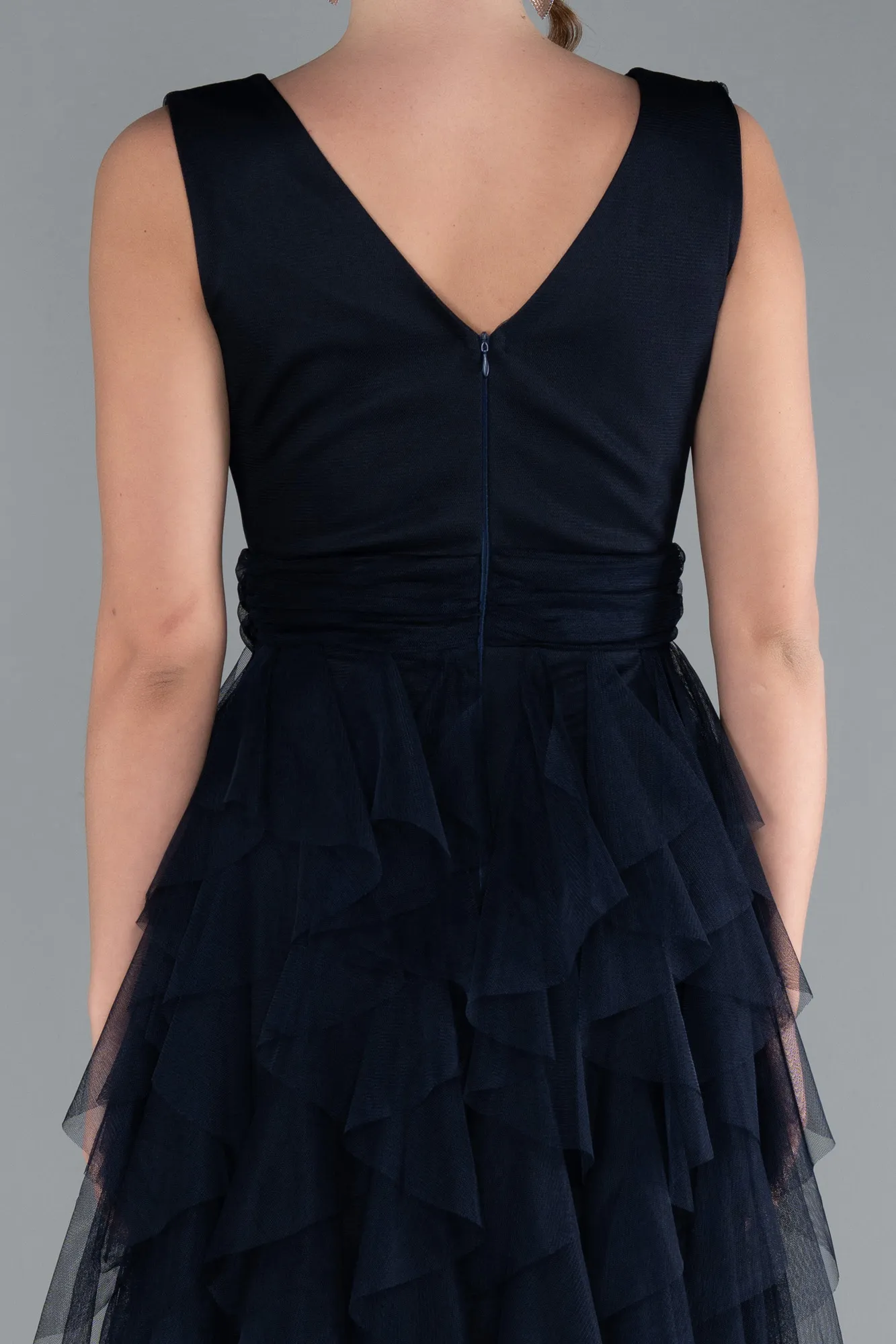 Navy Blue-V Neck Layered Tulle Long Prom Dress ABU4723