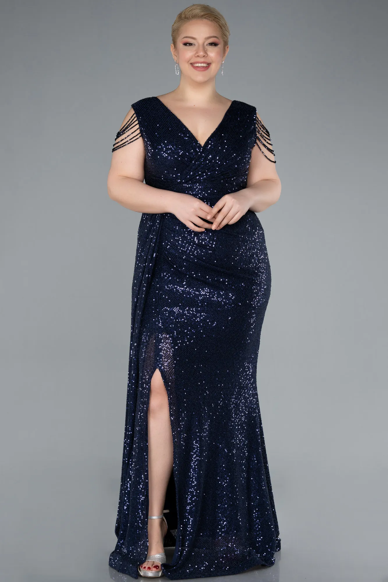 Navy Blue-V Neck Long Sequined Slit Plus Size Evening Dress ABU4886