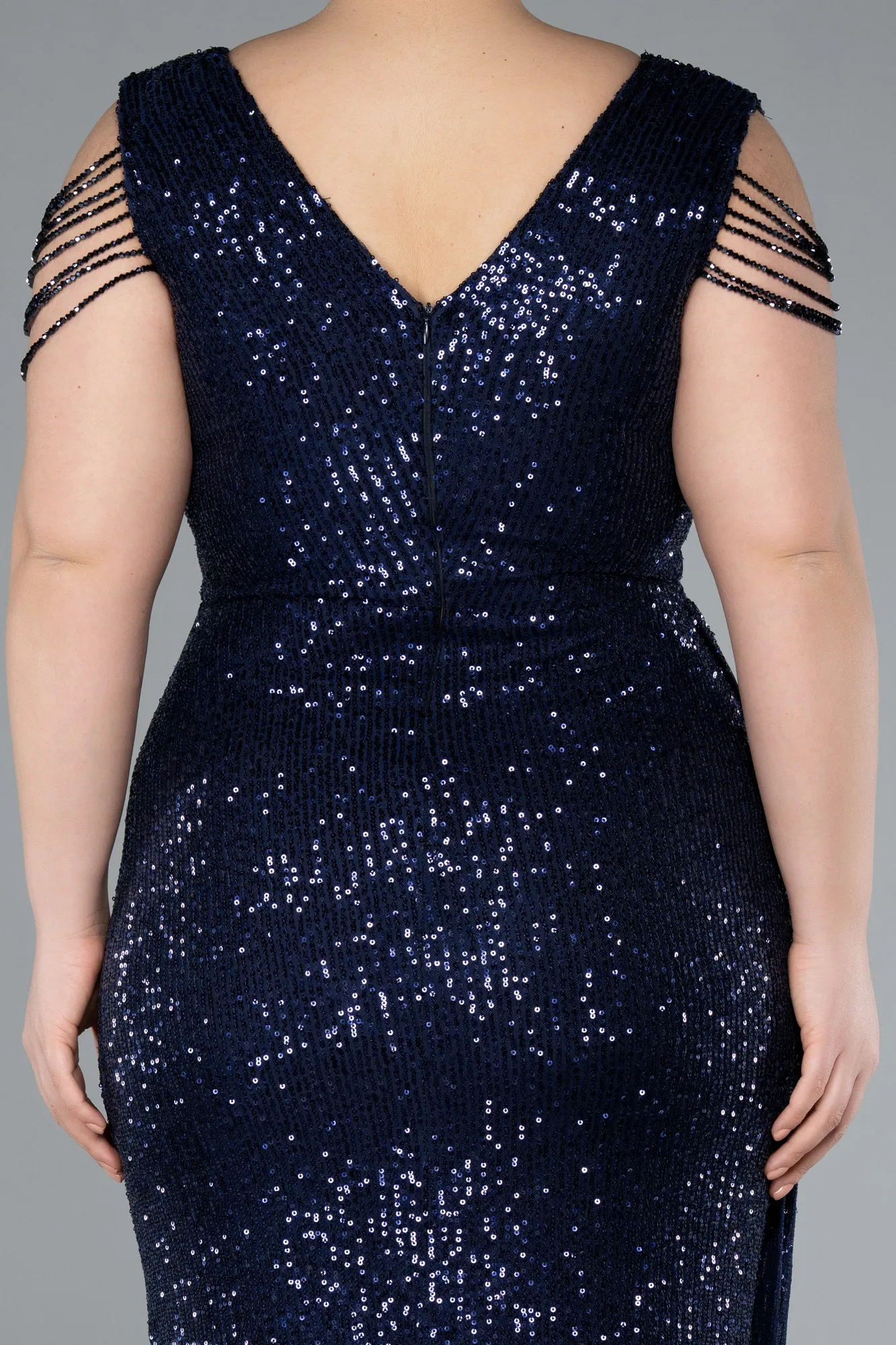 Navy Blue-V Neck Long Sequined Slit Plus Size Evening Dress ABU4886