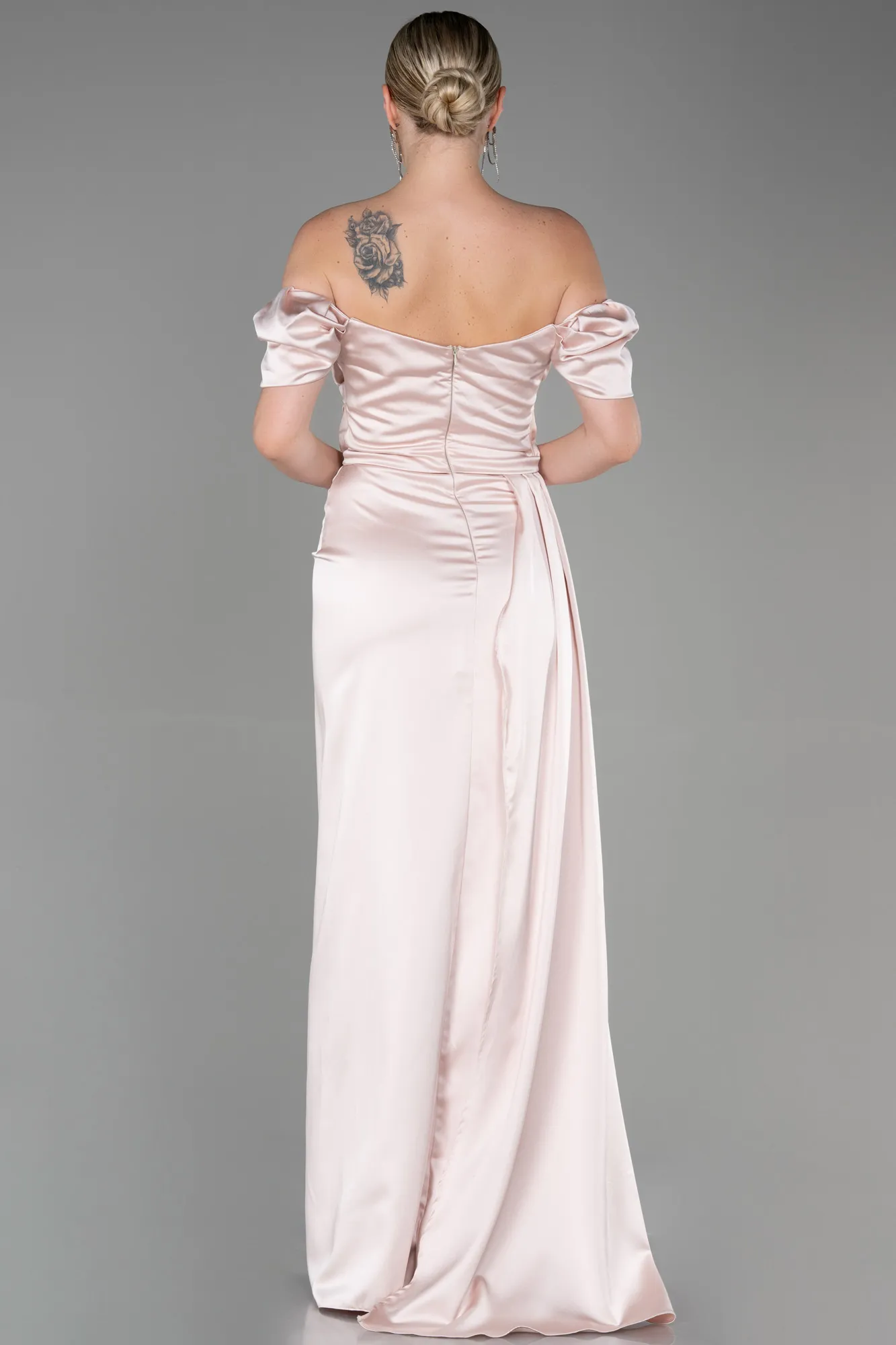 Nude-Long Satin Engagement Dress ABU1606