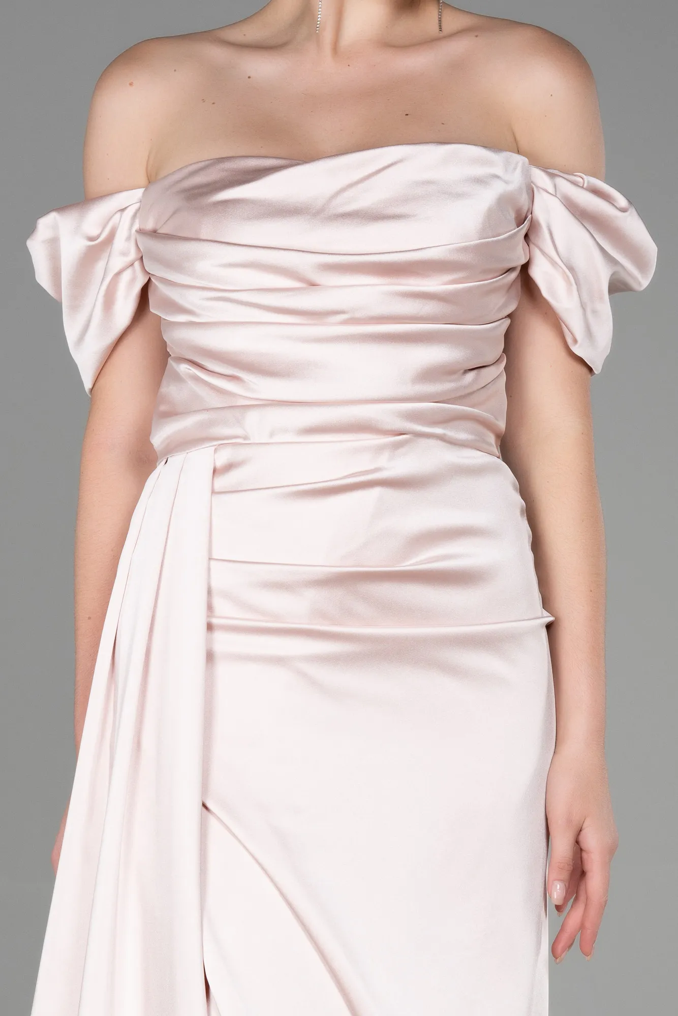 Nude-Long Satin Engagement Dress ABU1606