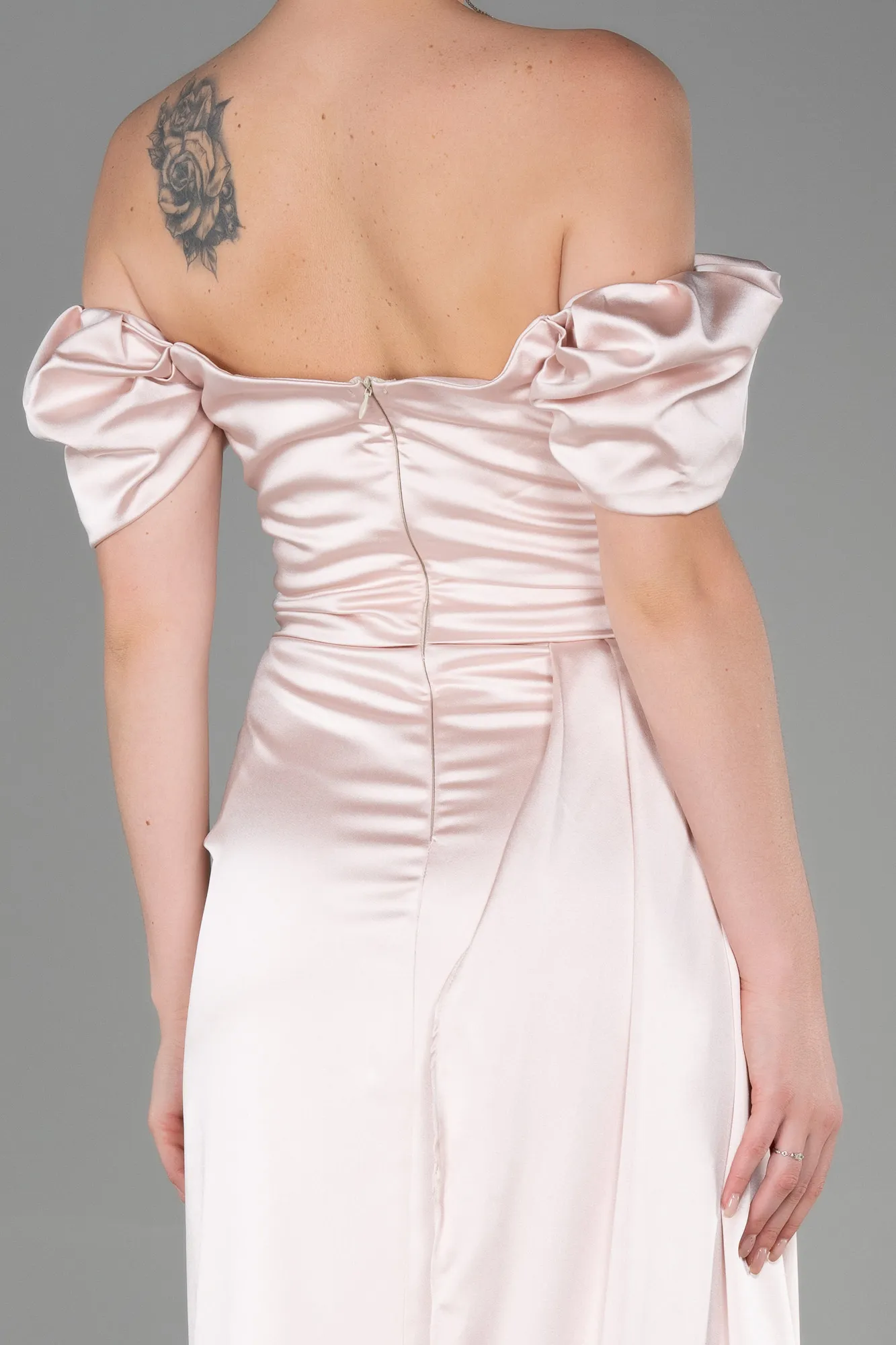 Nude-Long Satin Engagement Dress ABU1606