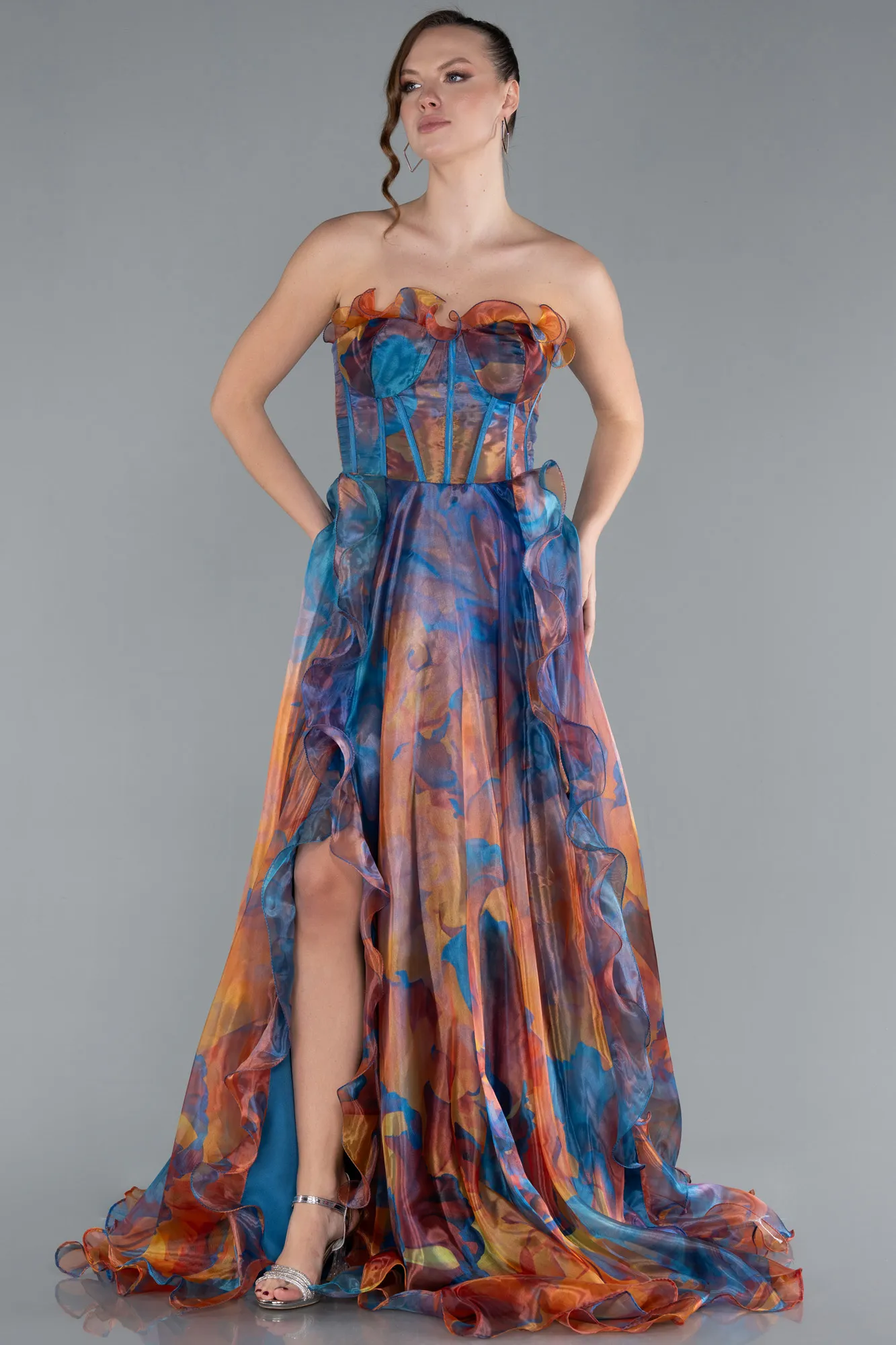 Oil Blue-Strapless Printed Slit Long Prom Gown ABU4734