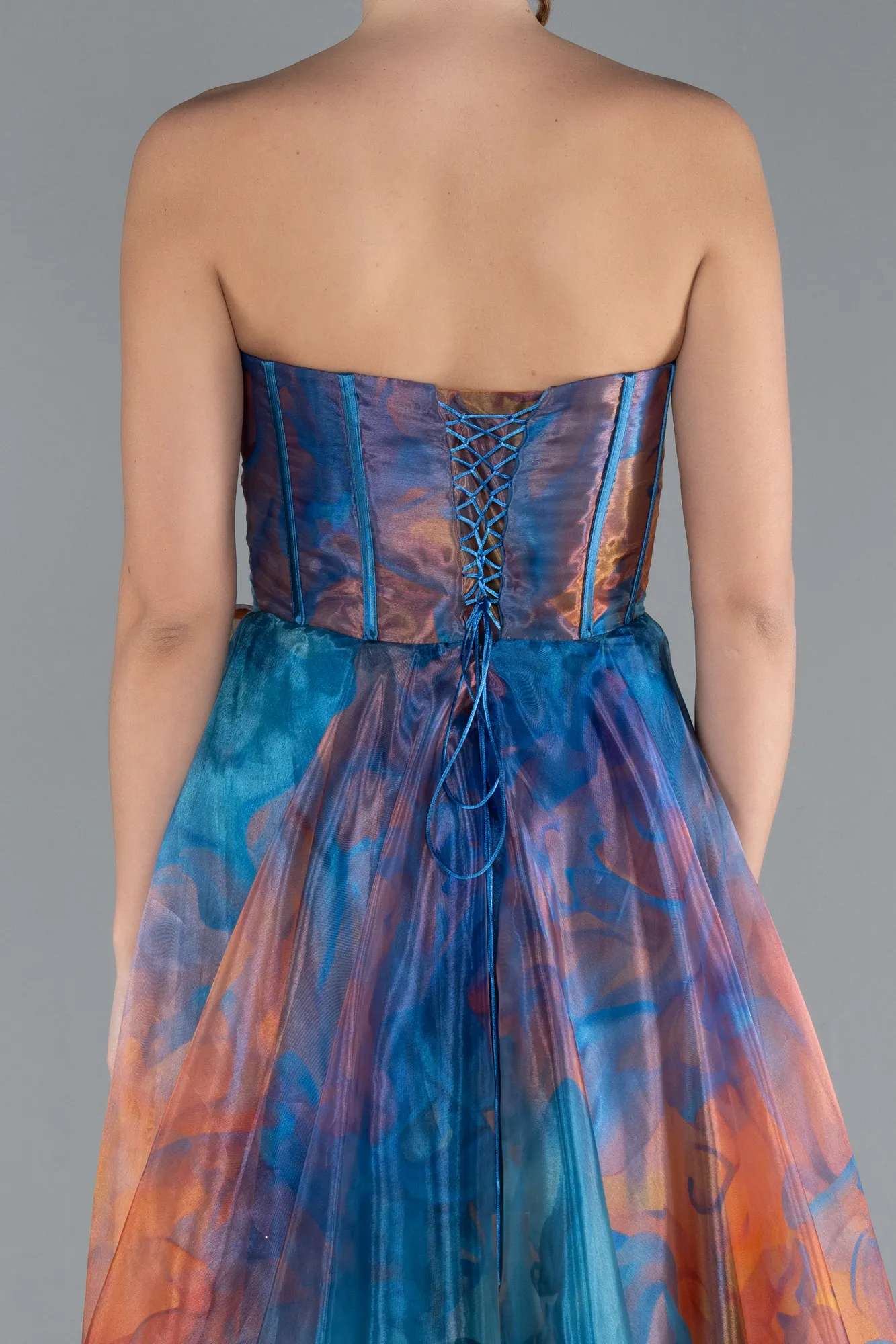 Oil Blue-Strapless Printed Slit Long Prom Gown ABU4734