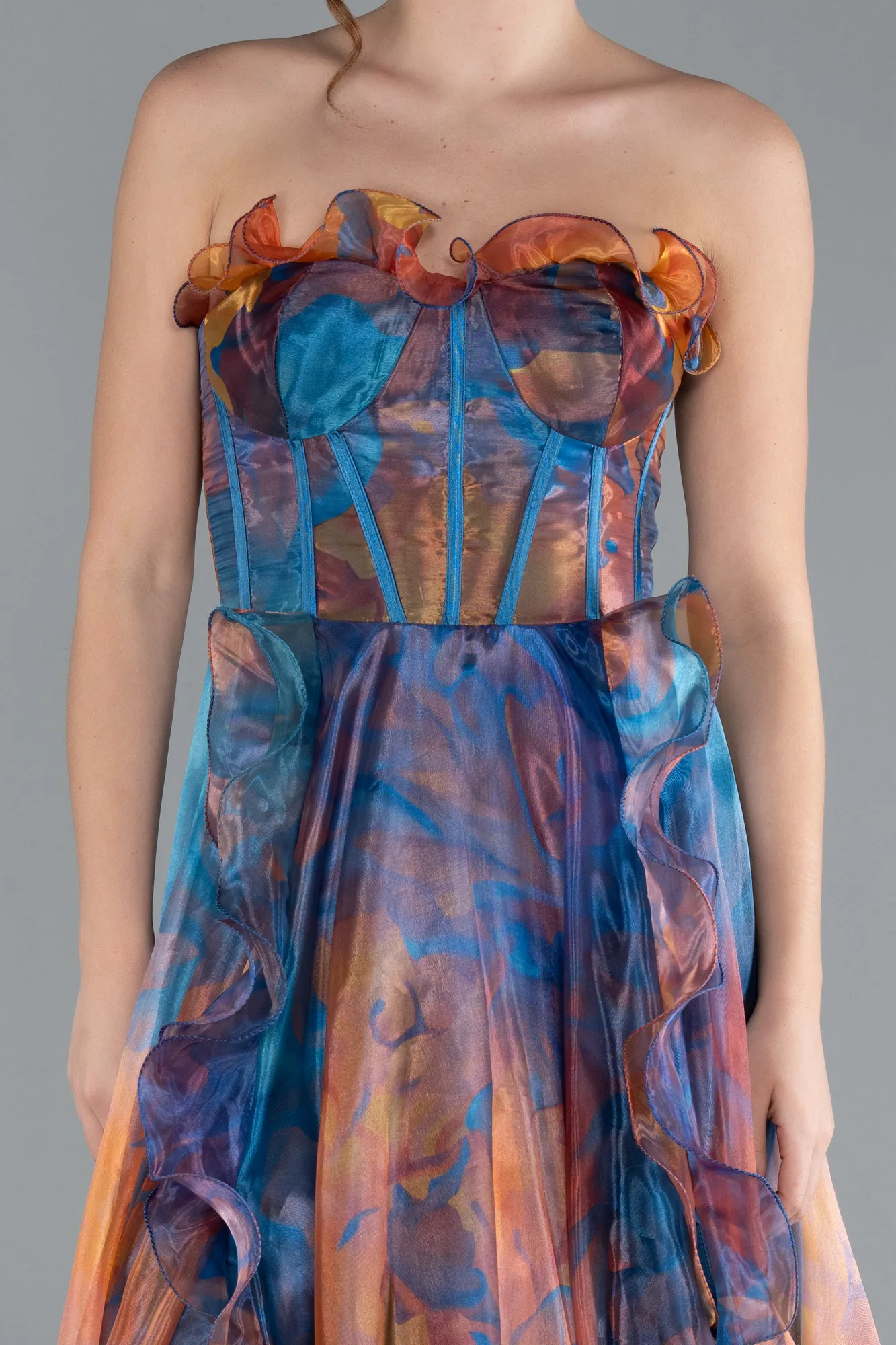 Oil Blue-Strapless Printed Slit Long Prom Gown ABU4734