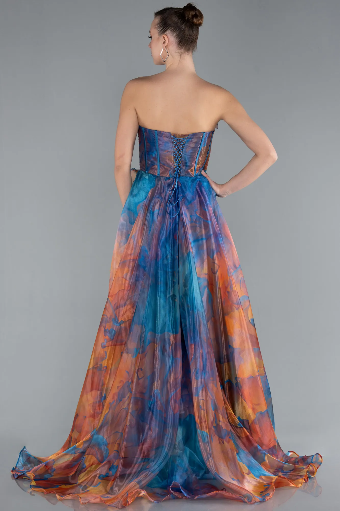Oil Blue-Strapless Printed Slit Long Prom Gown ABU4734