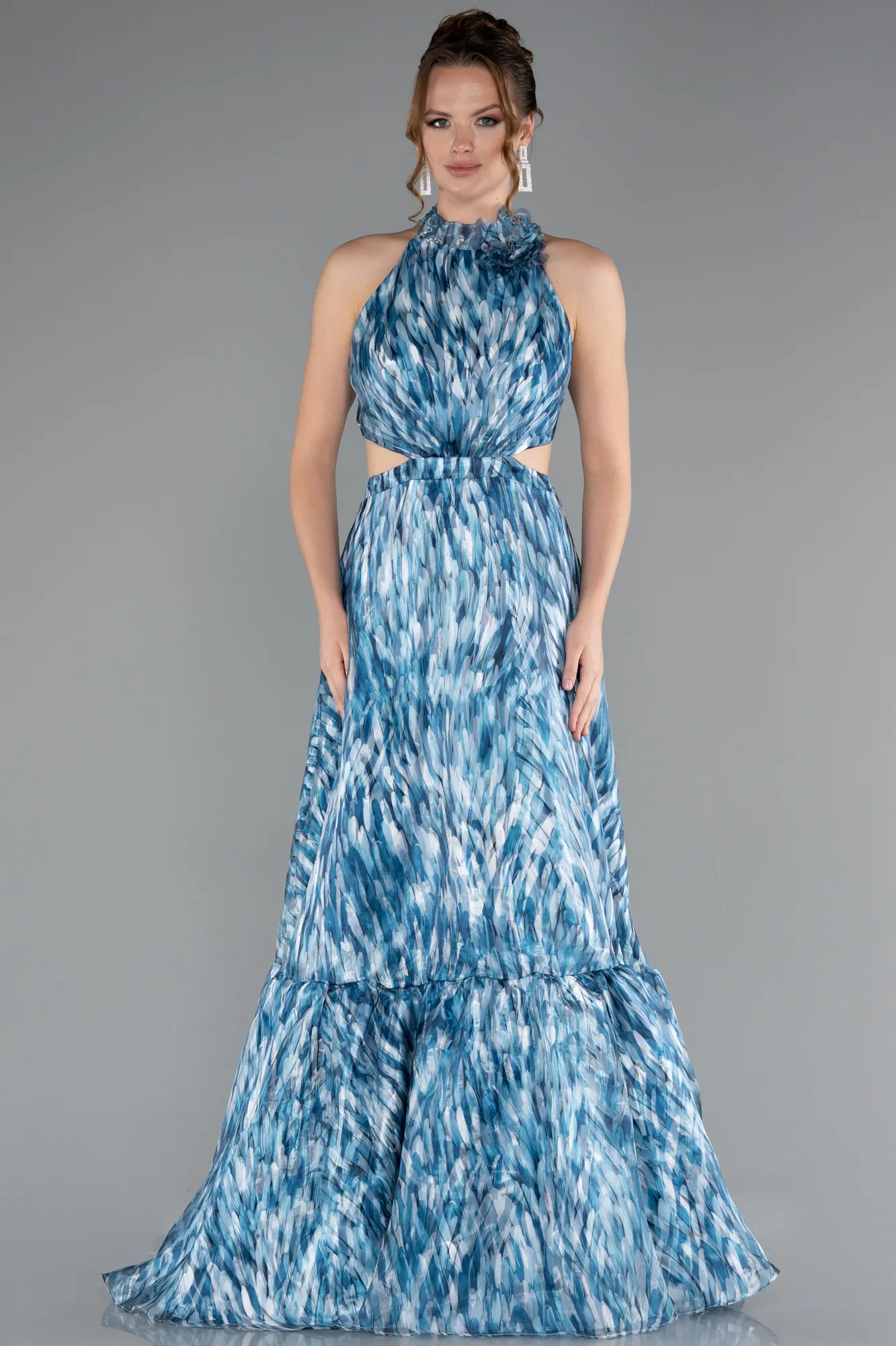 Oil Green-Halter Neck Cut Out Long Printed Satin Evening Gown ABU4686