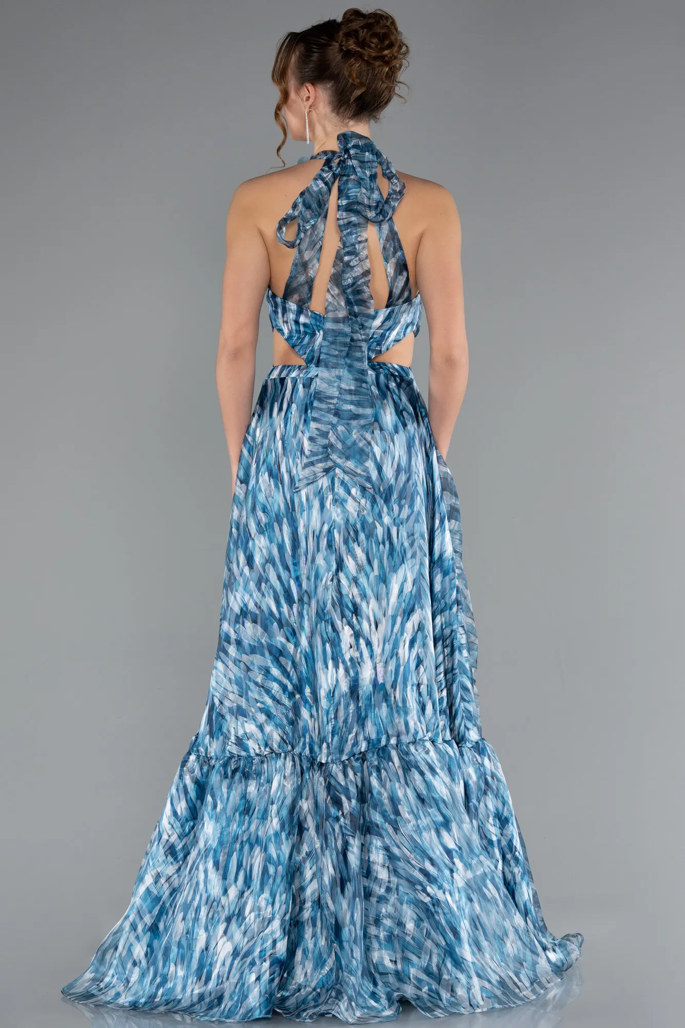 Oil Green-Halter Neck Cut Out Long Printed Satin Evening Gown ABU4686