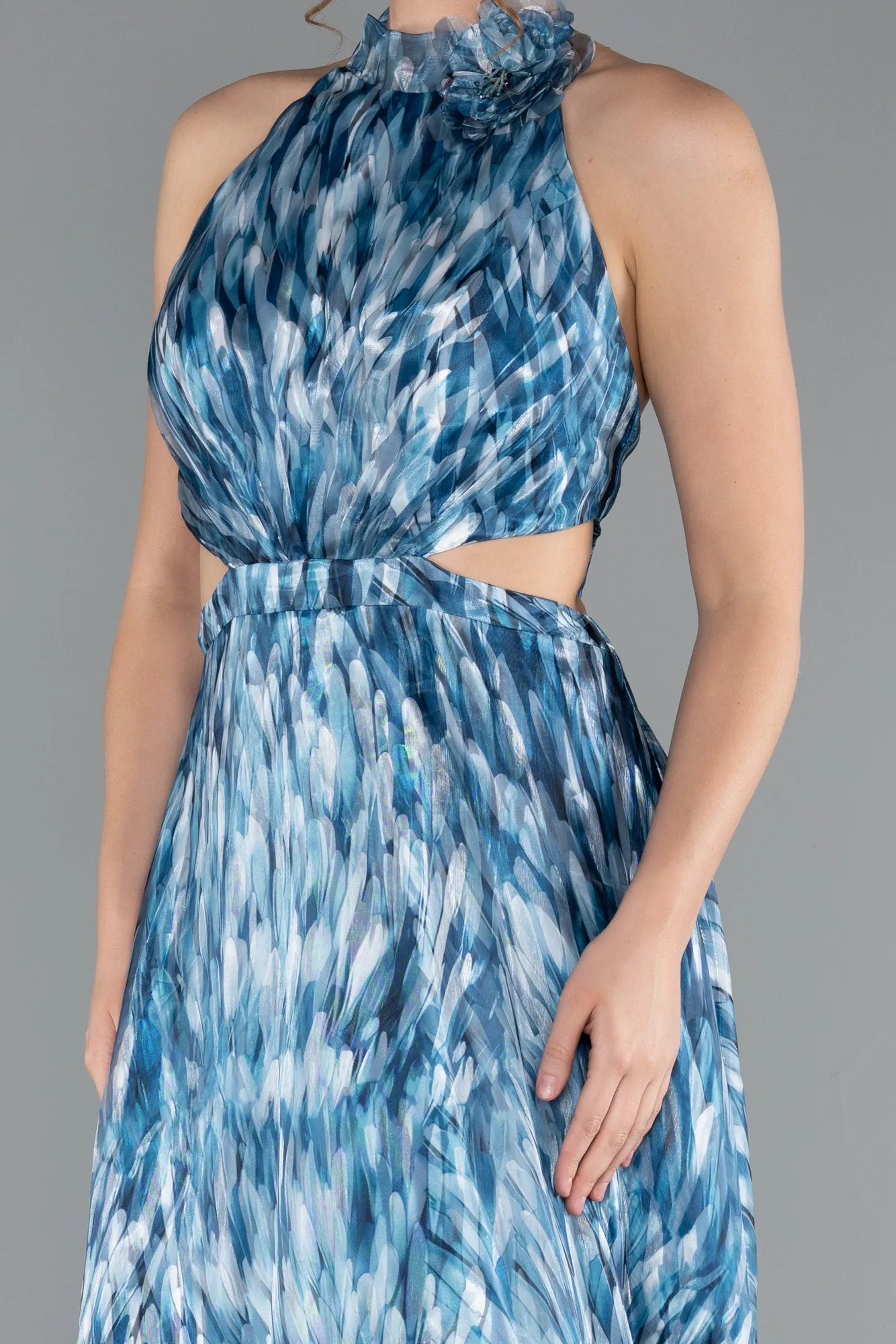 Oil Green-Halter Neck Cut Out Long Printed Satin Evening Gown ABU4686