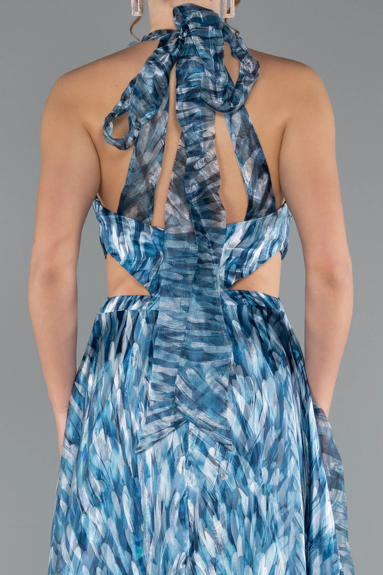 Oil Green-Halter Neck Cut Out Long Printed Satin Evening Gown ABU4686