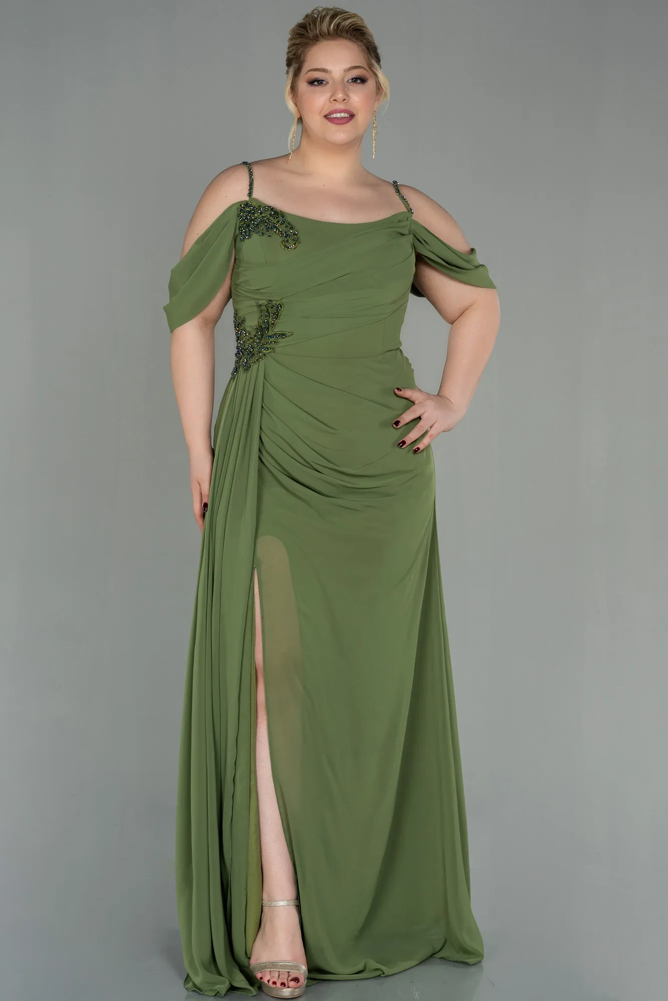 Oil Green-Long Chiffon Plus Size Evening Dress ABU2929