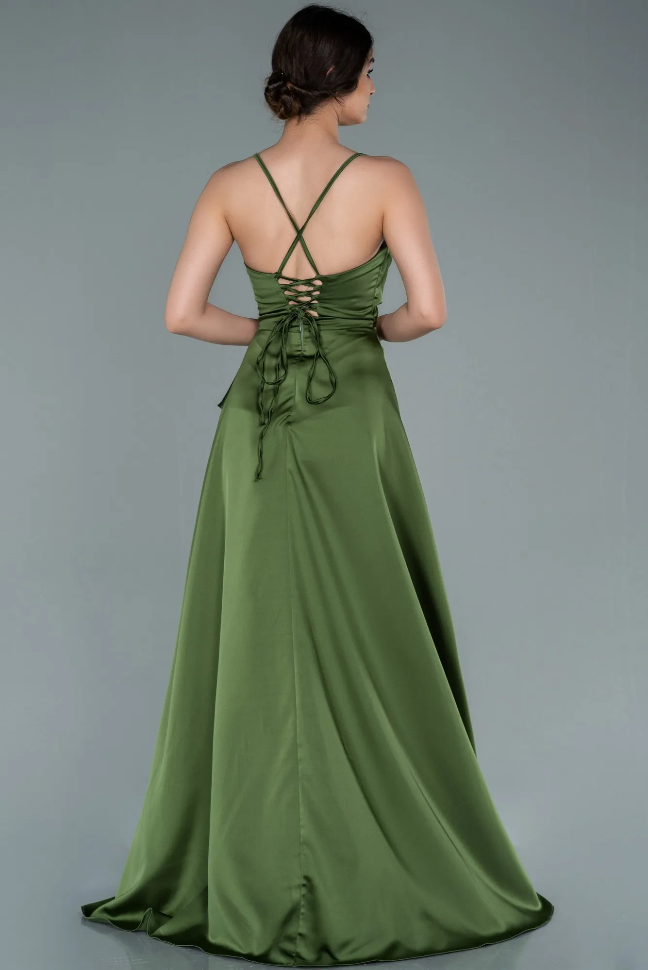 Oil Green-Long Satin Evening Dress ABU1843
