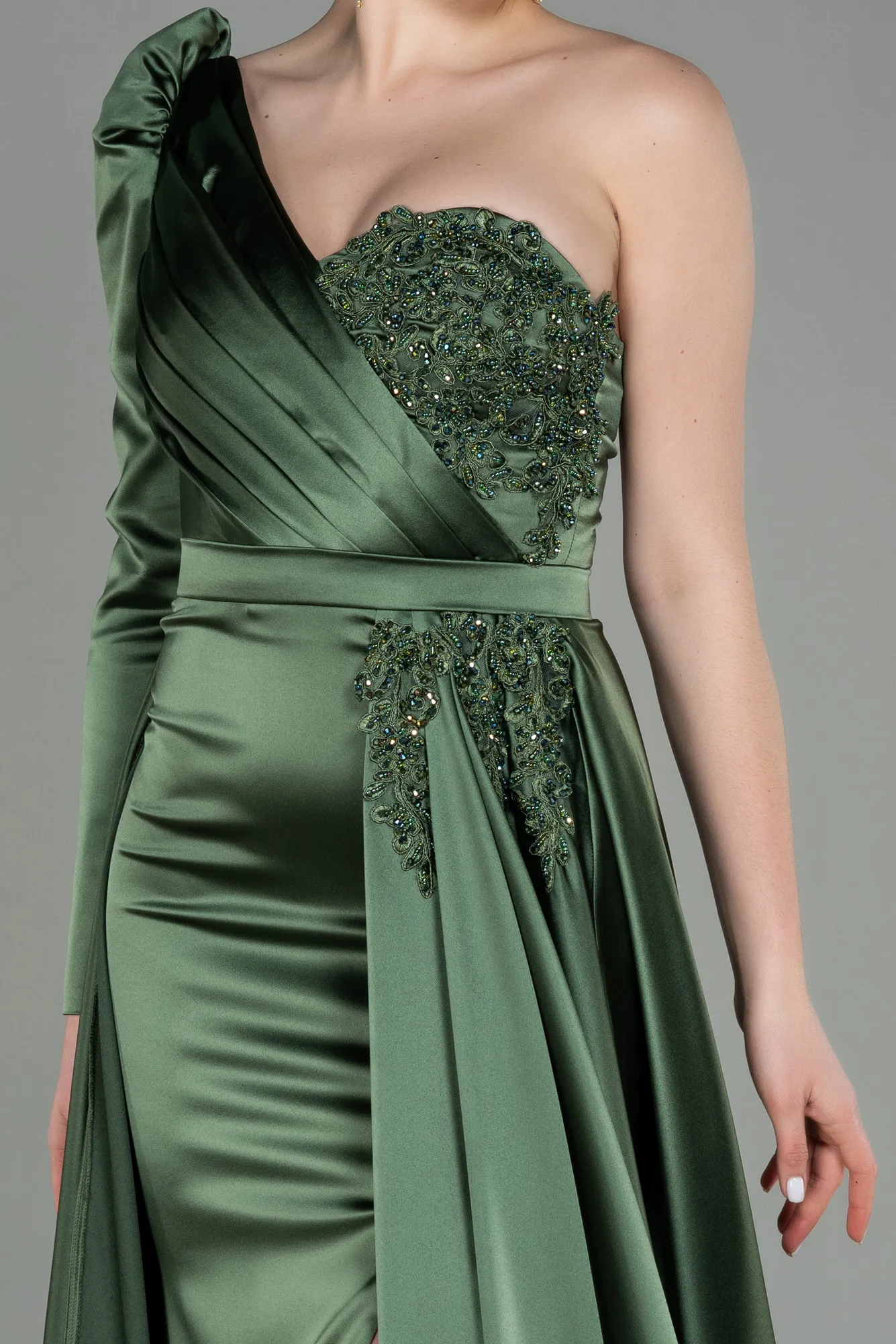 Oil Green-Long Satin Evening Dress ABU2610