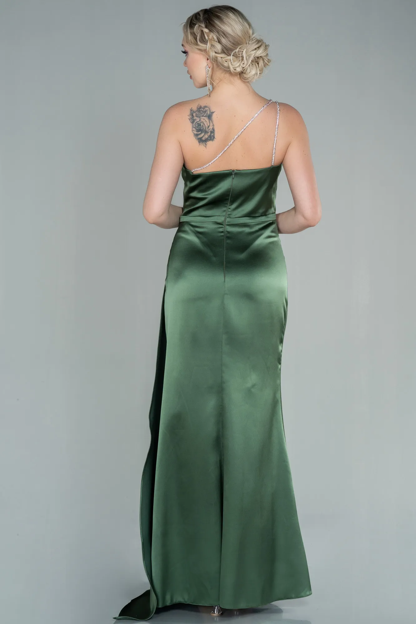 Oil Green-Long Satin Evening Dress ABU2817