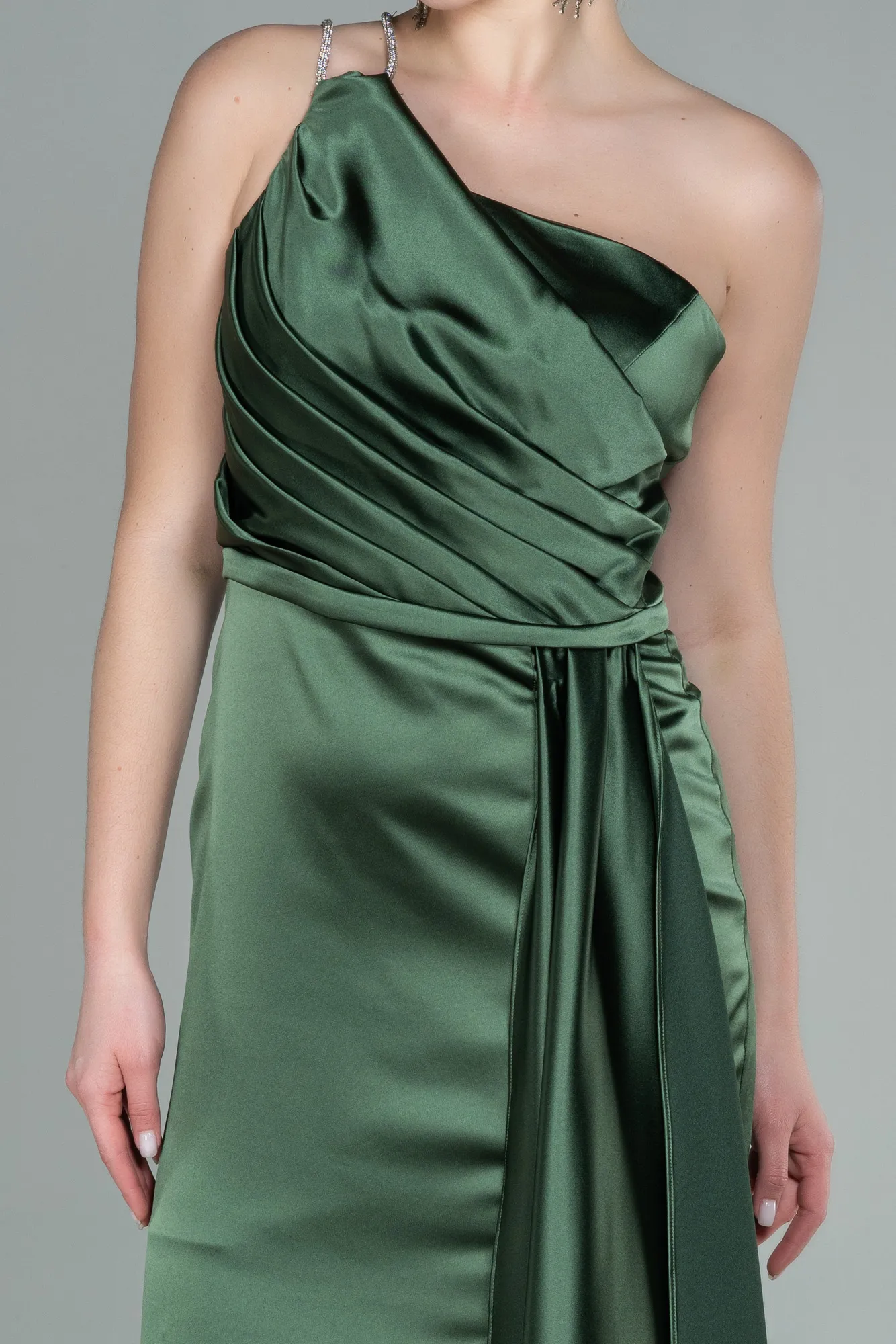 Oil Green-Long Satin Evening Dress ABU2817
