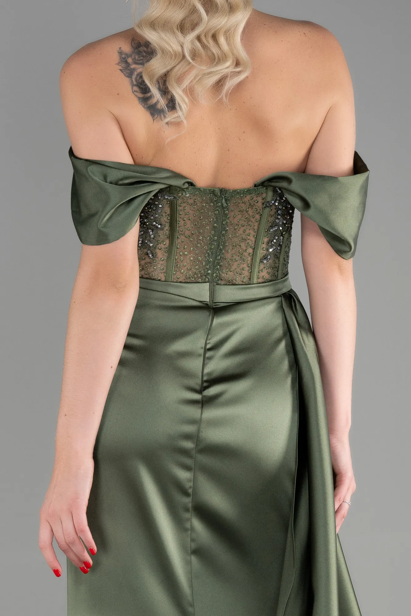 Oil Green-Long Satin Evening Dress ABU3446