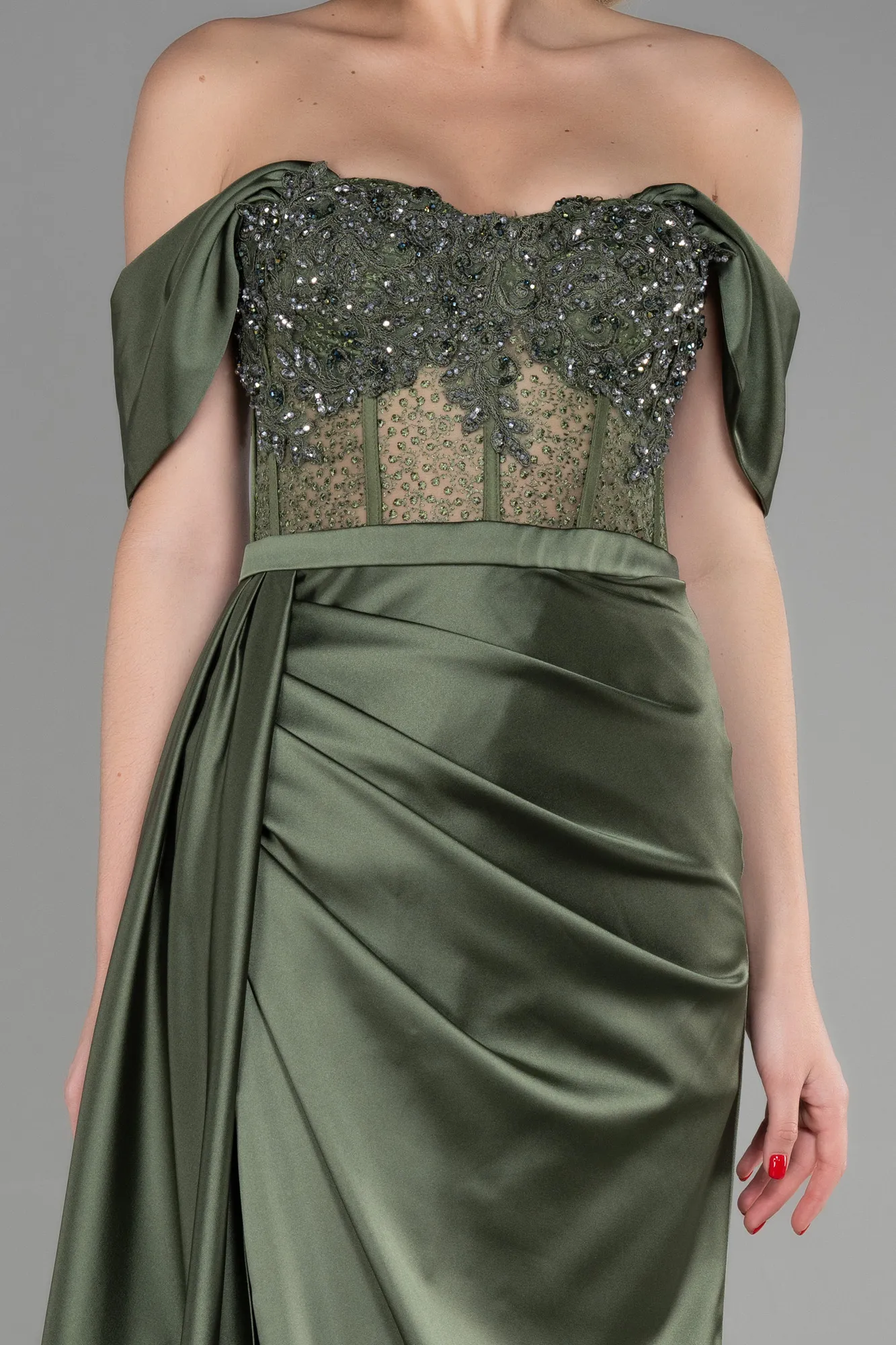 Oil Green-Long Satin Evening Dress ABU3446