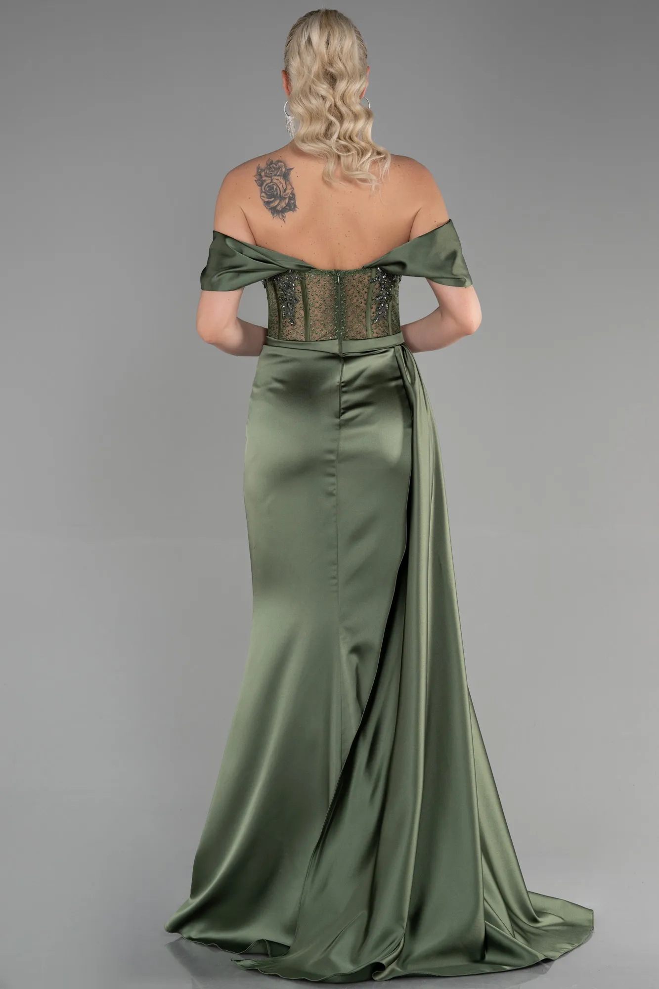 Oil Green-Long Satin Evening Dress ABU3446