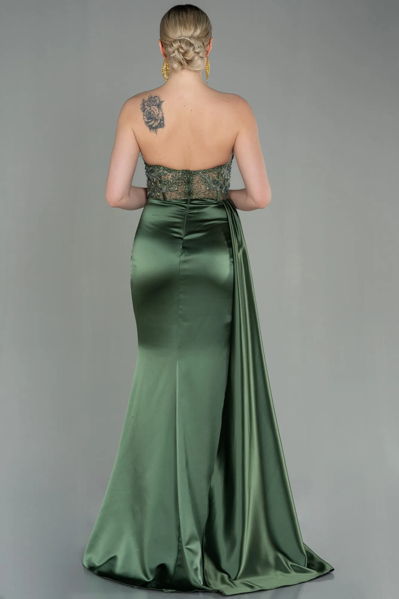 Oil Green-Long Satin Evening Dress ABU3447